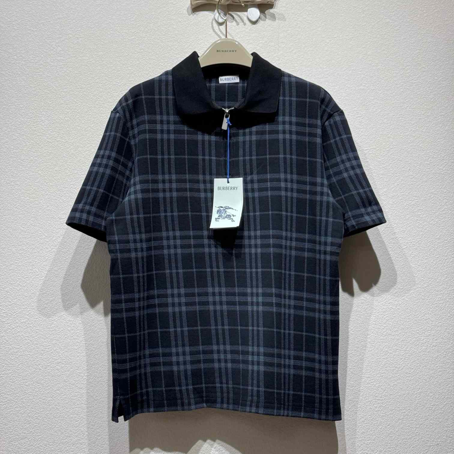Burberry Navy Check Stretch Cotton Blend Polo - DesignerGu