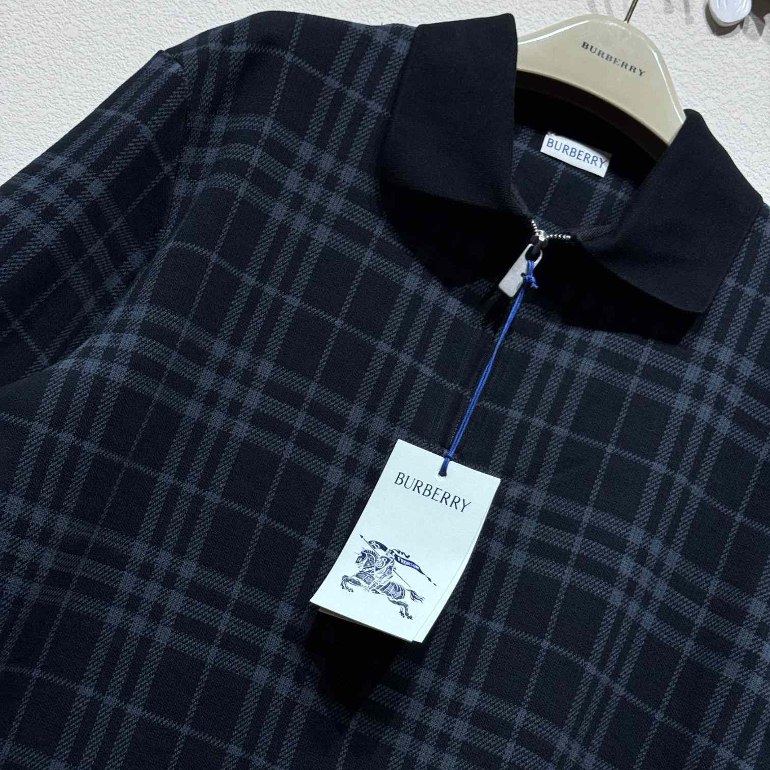 Burberry Navy Check Stretch Cotton Blend Polo - DesignerGu