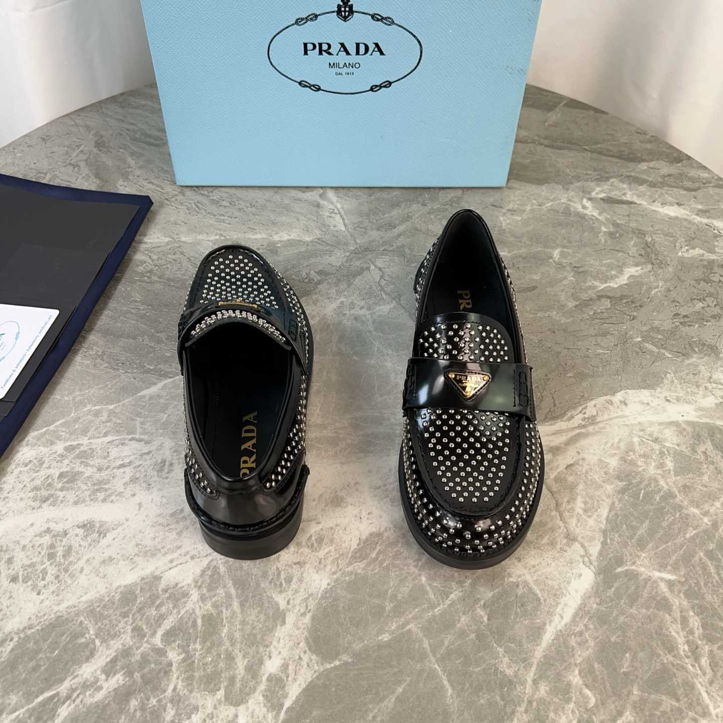 Prada Studded Brushed Leather Loafers - DesignerGu