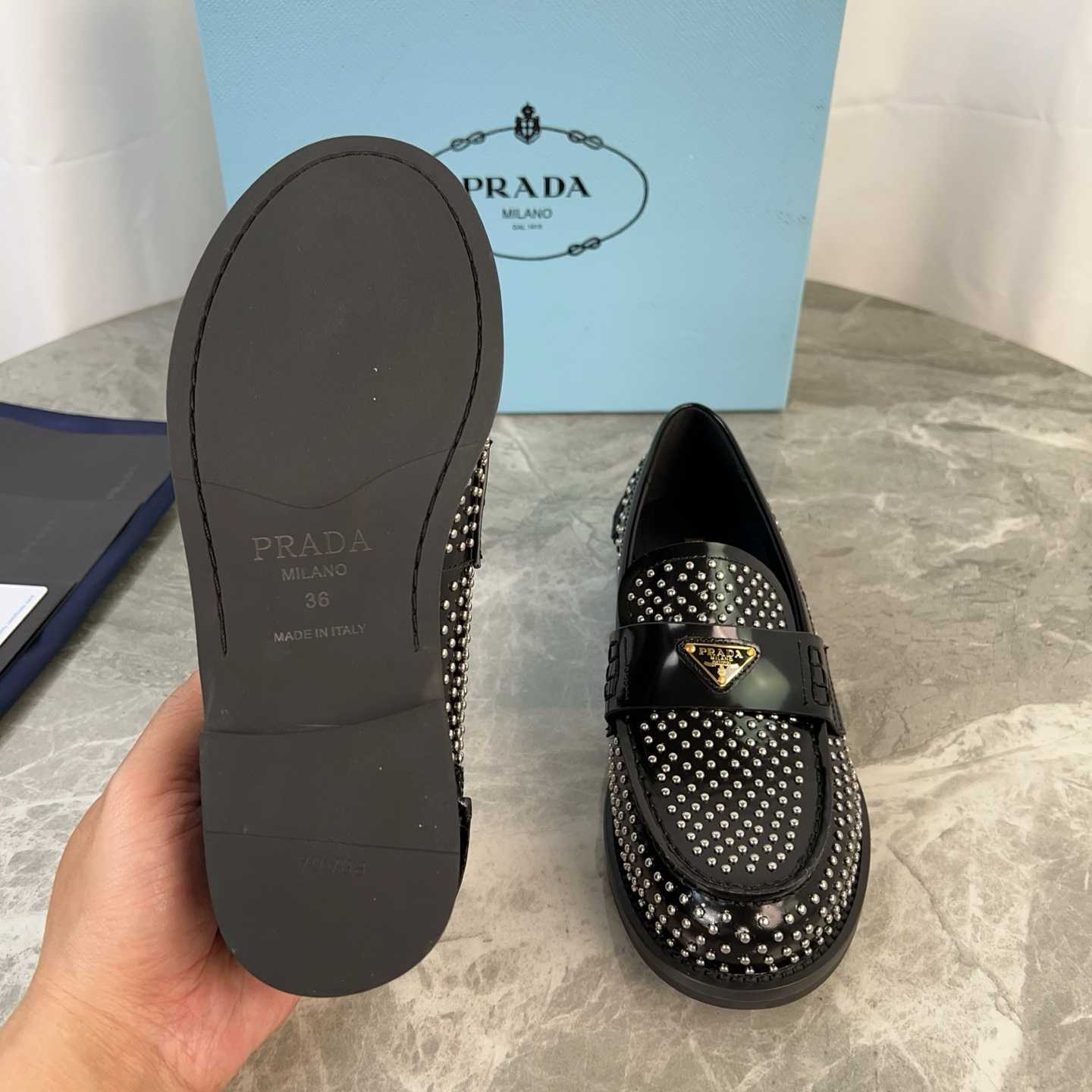 Prada Studded Brushed Leather Loafers - DesignerGu