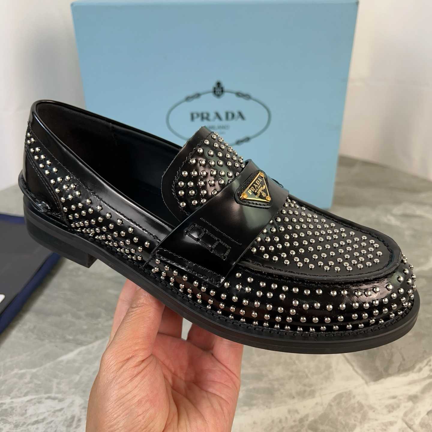 Prada Studded Brushed Leather Loafers - DesignerGu