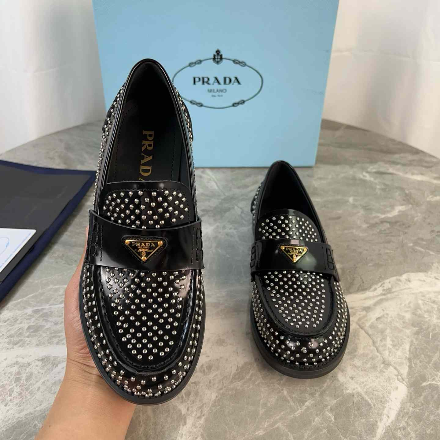 Prada Studded Brushed Leather Loafers - DesignerGu