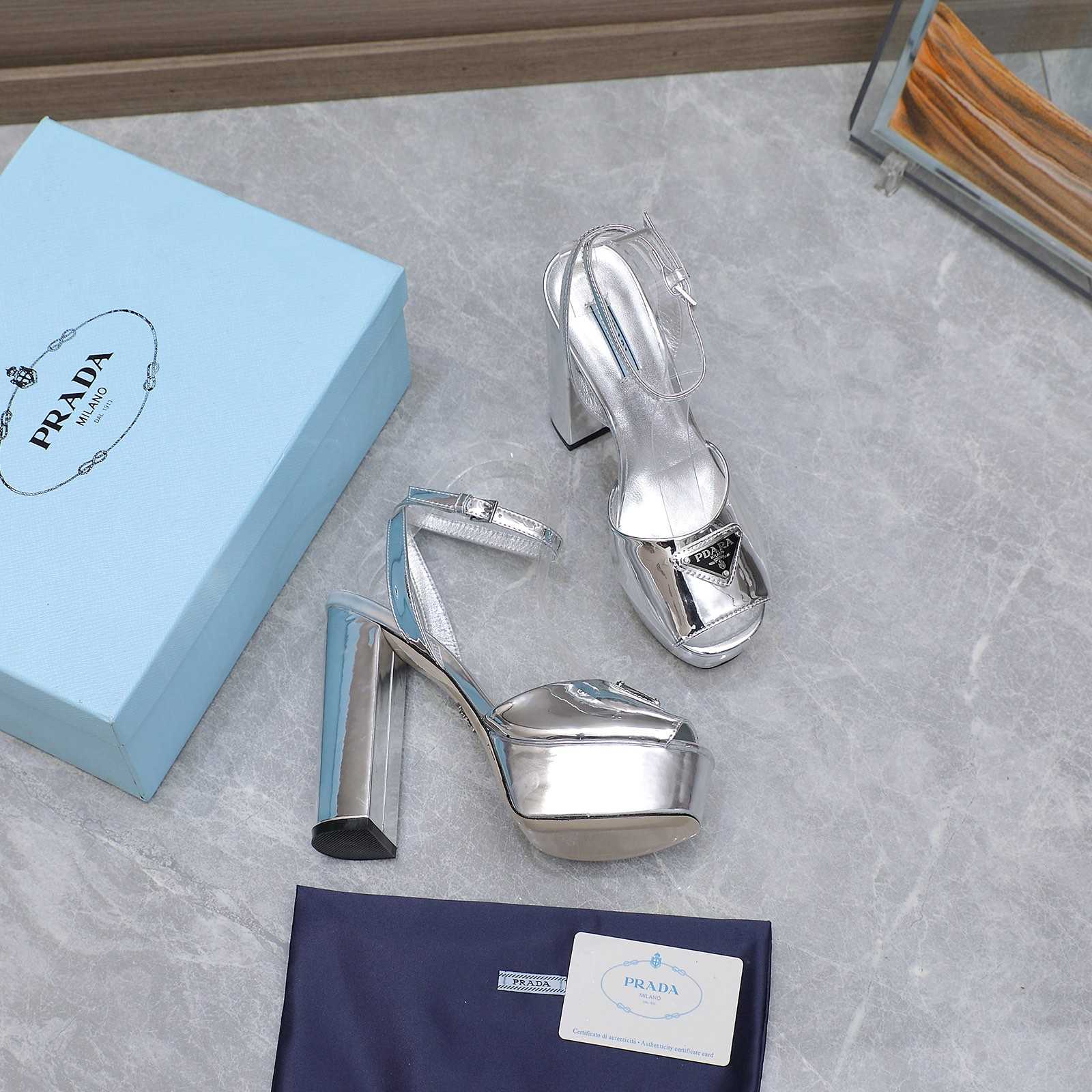 Prada Silver Tone Plateau Platform Sandals | Silver   13cm - DesignerGu