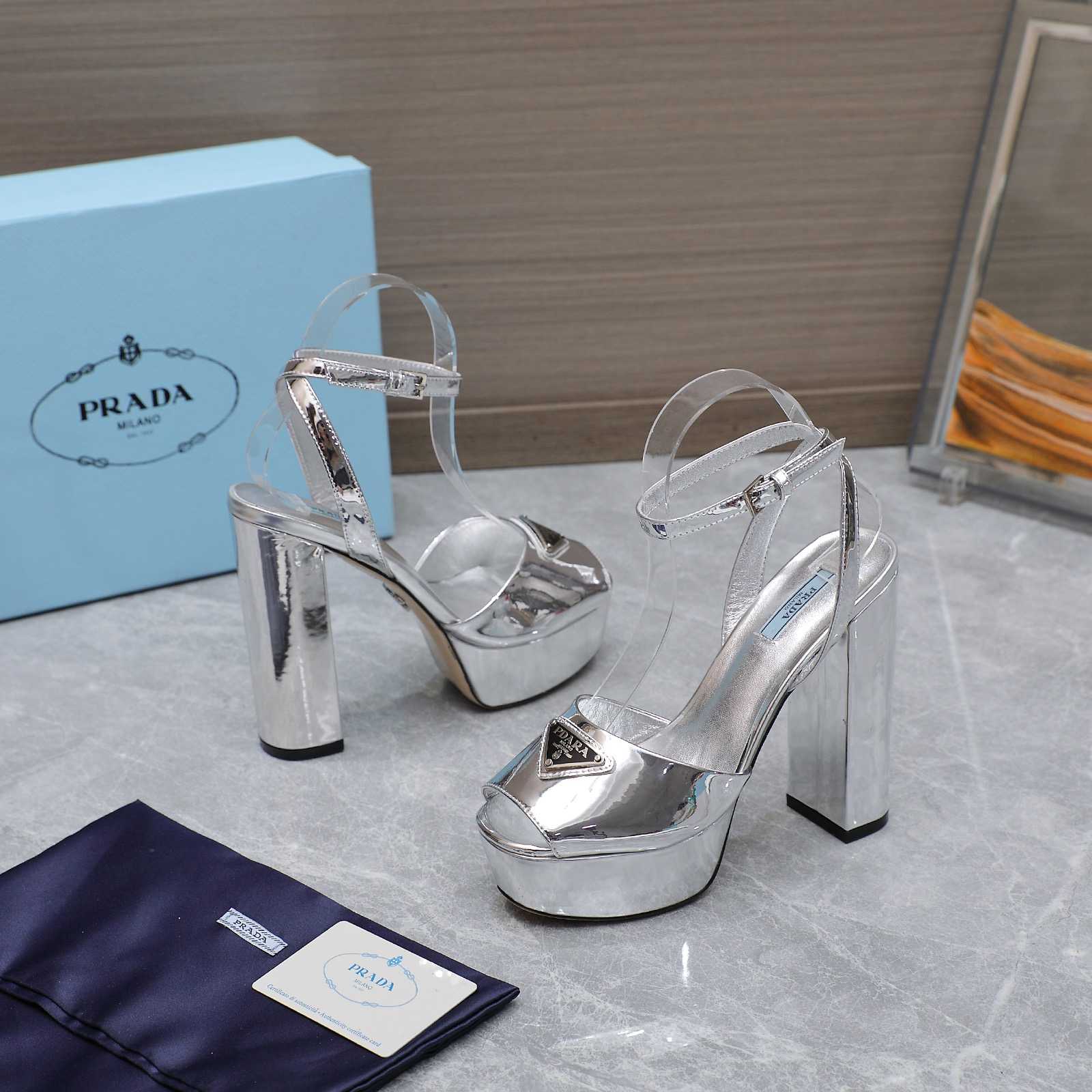 Prada Silver Tone Plateau Platform Sandals | Silver   13cm - DesignerGu