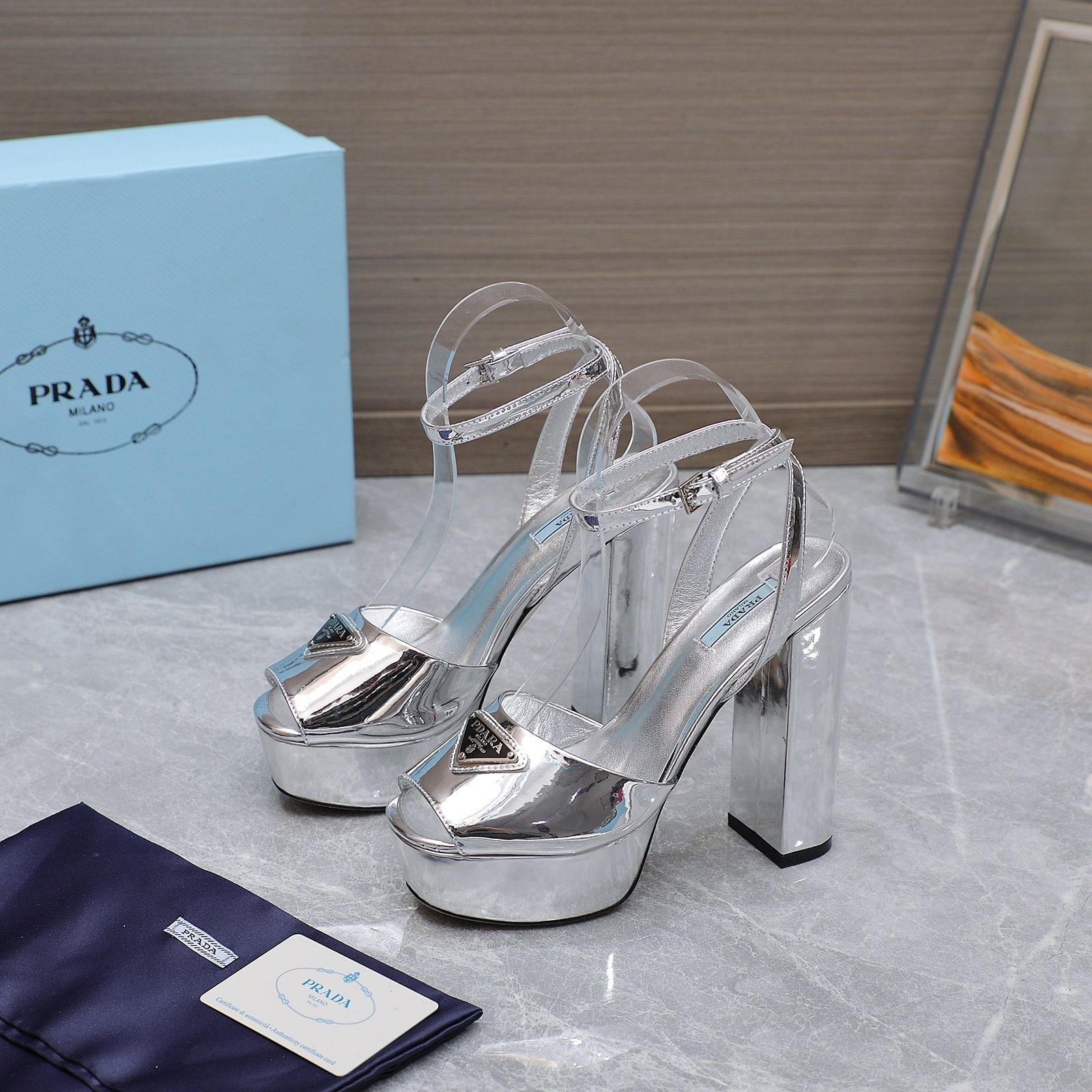 Prada Silver Tone Plateau Platform Sandals | Silver   13cm - DesignerGu