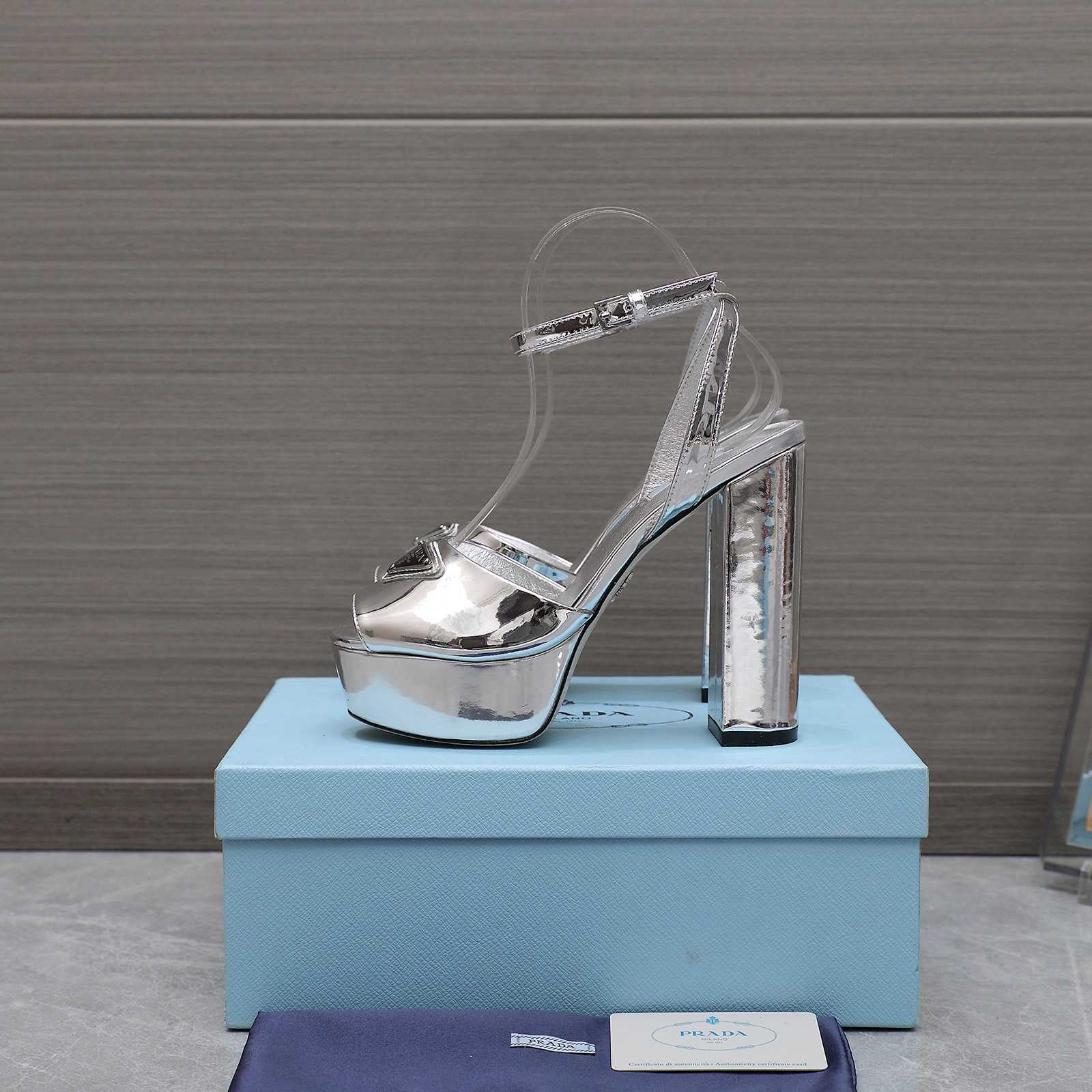 Prada Silver Tone Plateau Platform Sandals | Silver   13cm - DesignerGu