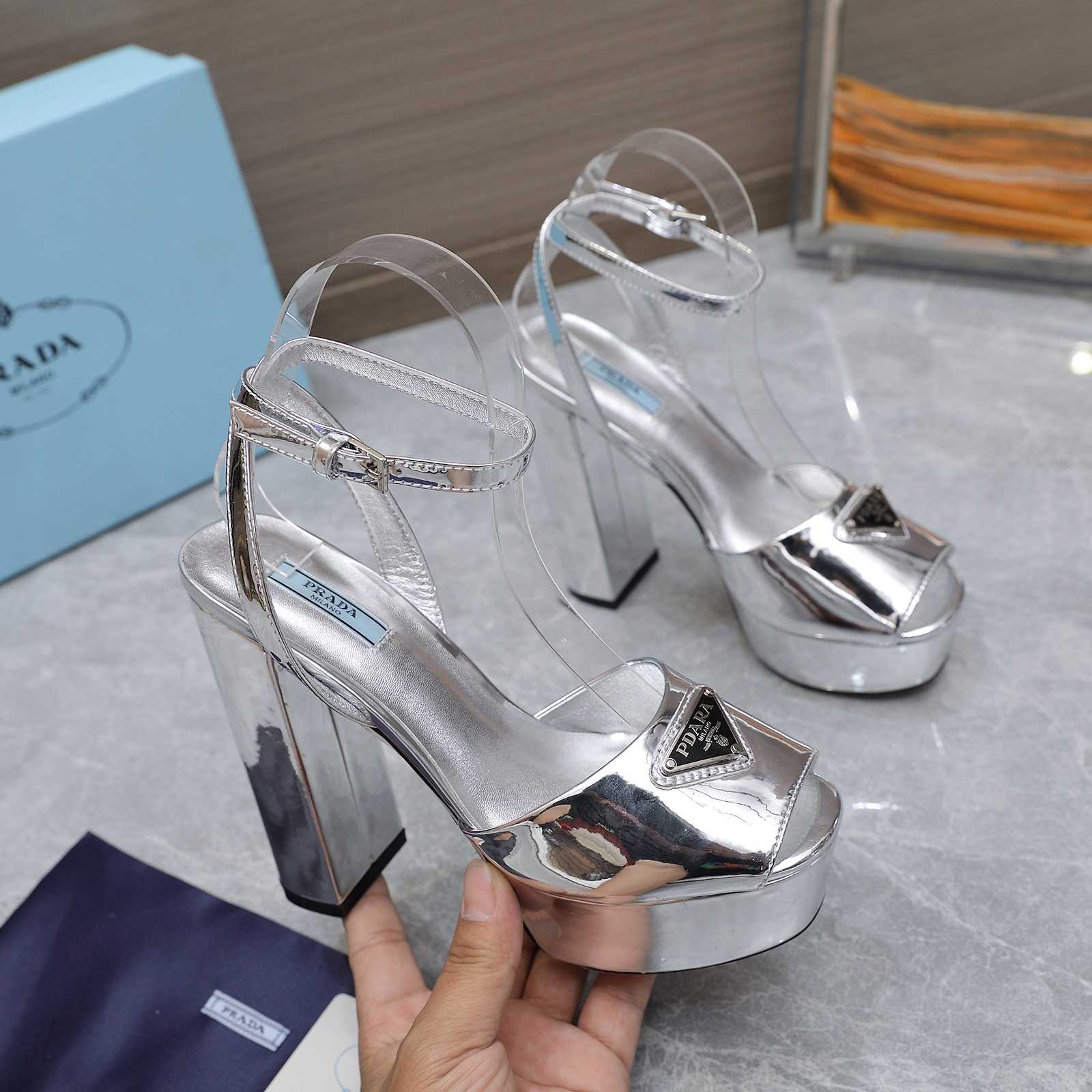 Prada Silver Tone Plateau Platform Sandals | Silver   13cm - DesignerGu