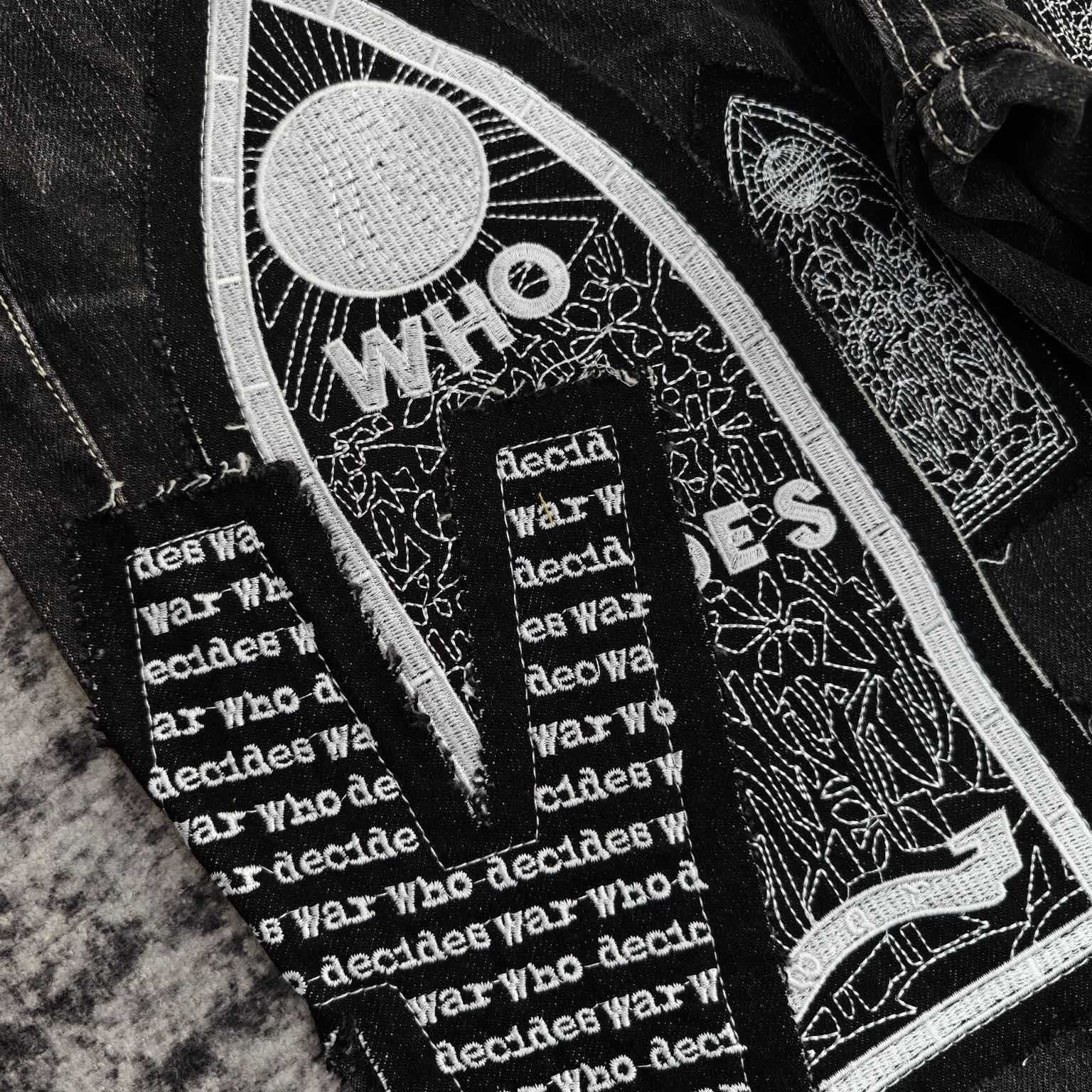 Who Decides War Motif Patched Jeans   701 - DesignerGu