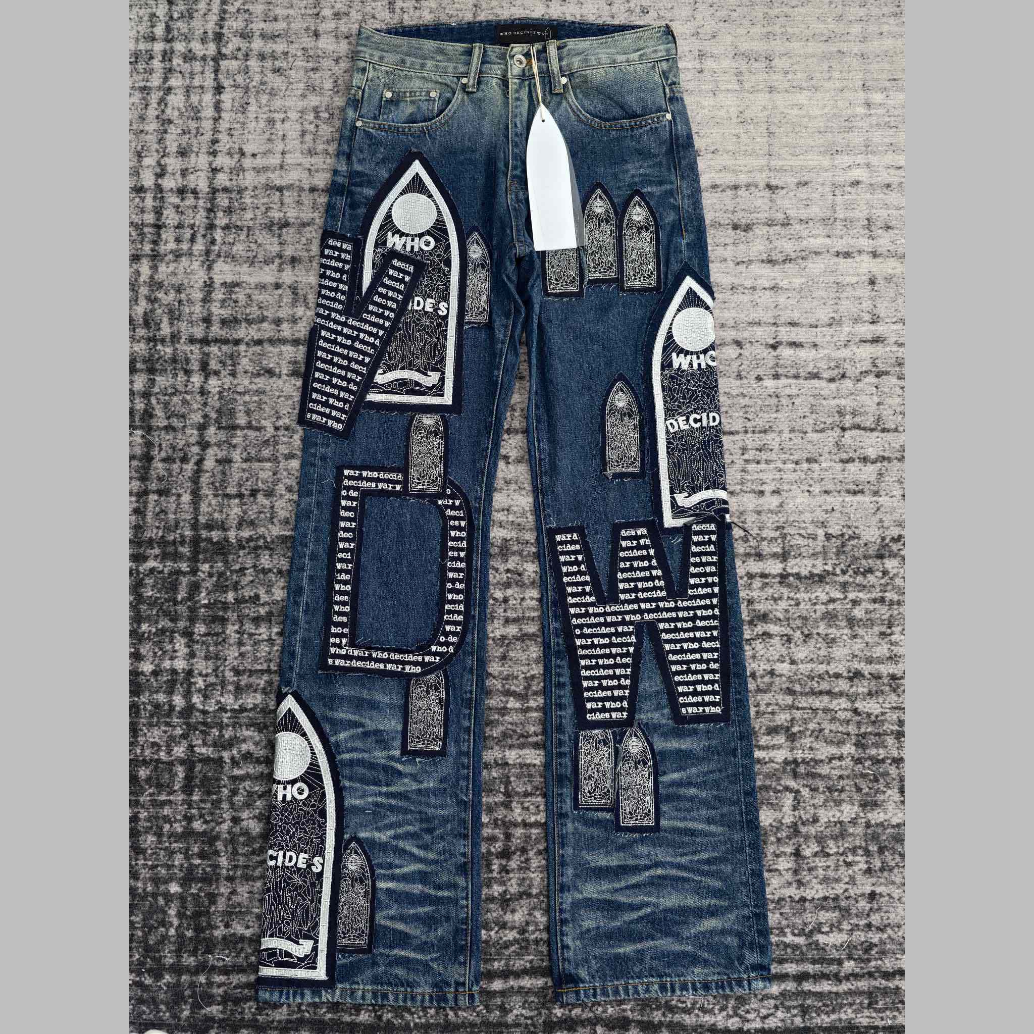Who Decides War Motif Patched Jeans   702 - DesignerGu