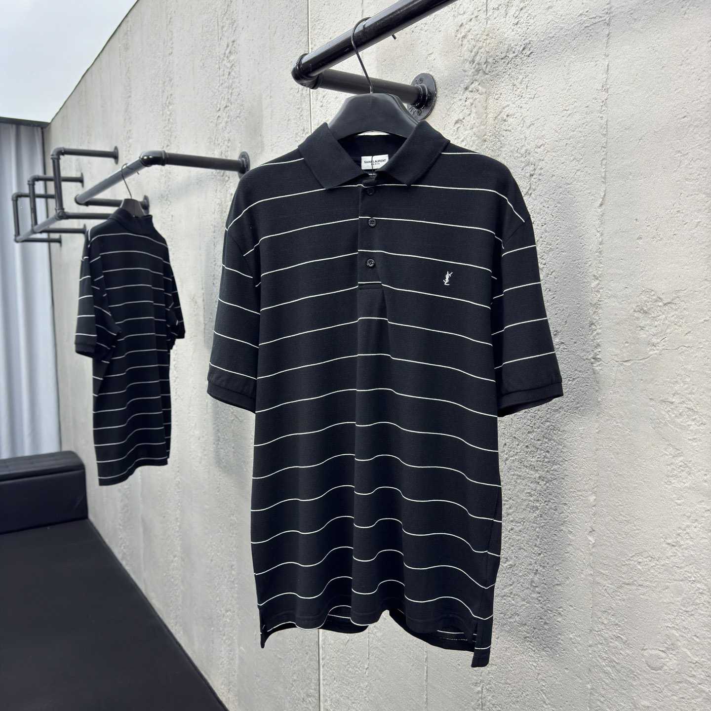 Saint Laurent Cassandre Polo Shirt In Striped Pique - DesignerGu