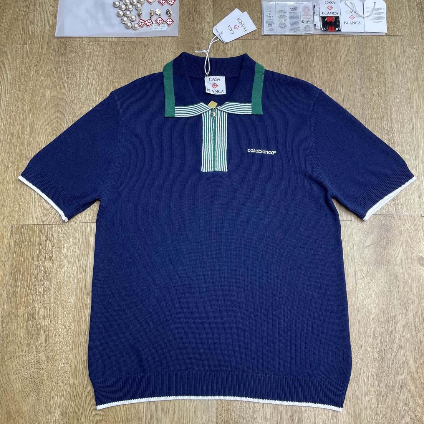 Casablanca Merino Wool T-shirt With Striped Collar In Blue   D0089 - DesignerGu