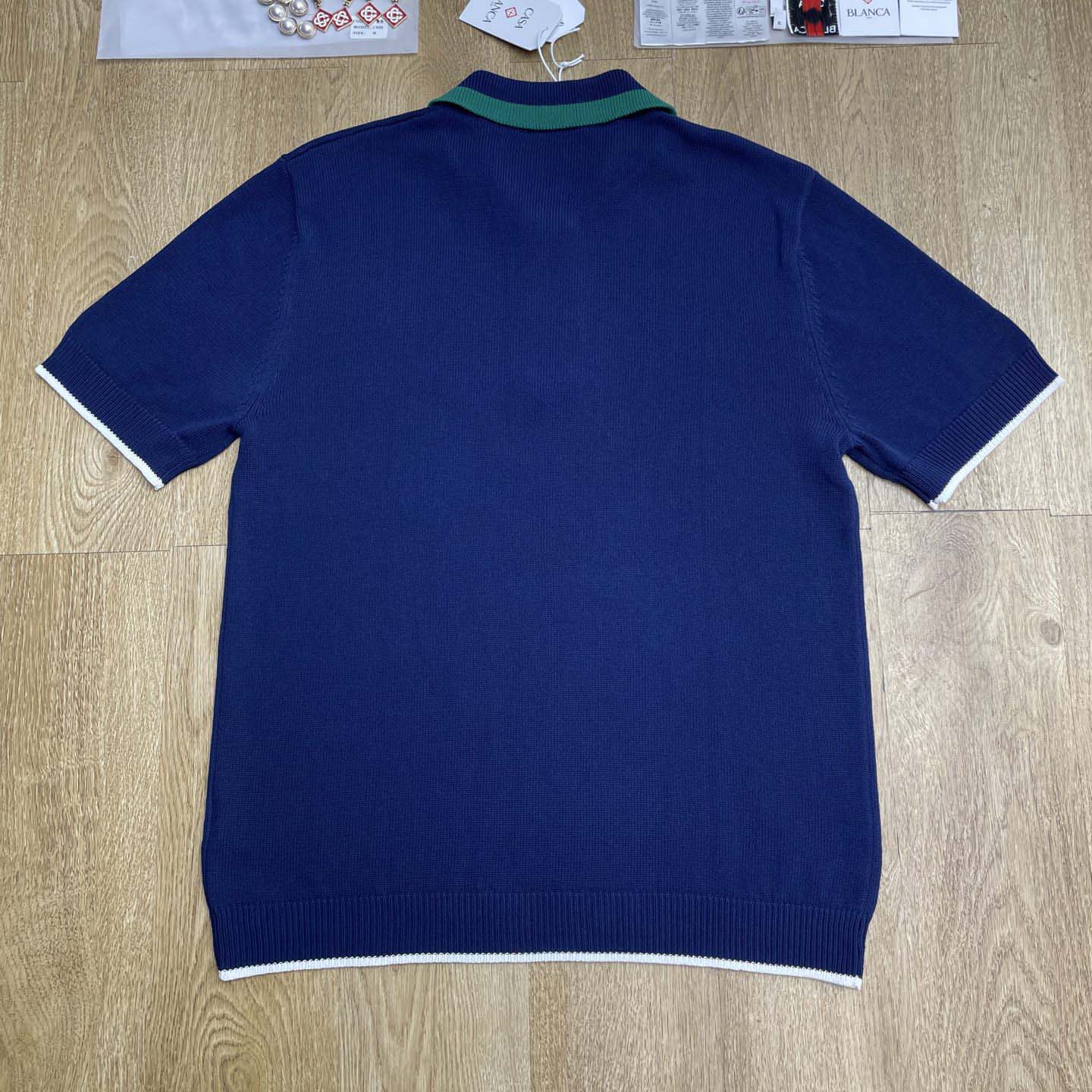 Casablanca Merino Wool T-shirt With Striped Collar In Blue   D0089 - DesignerGu