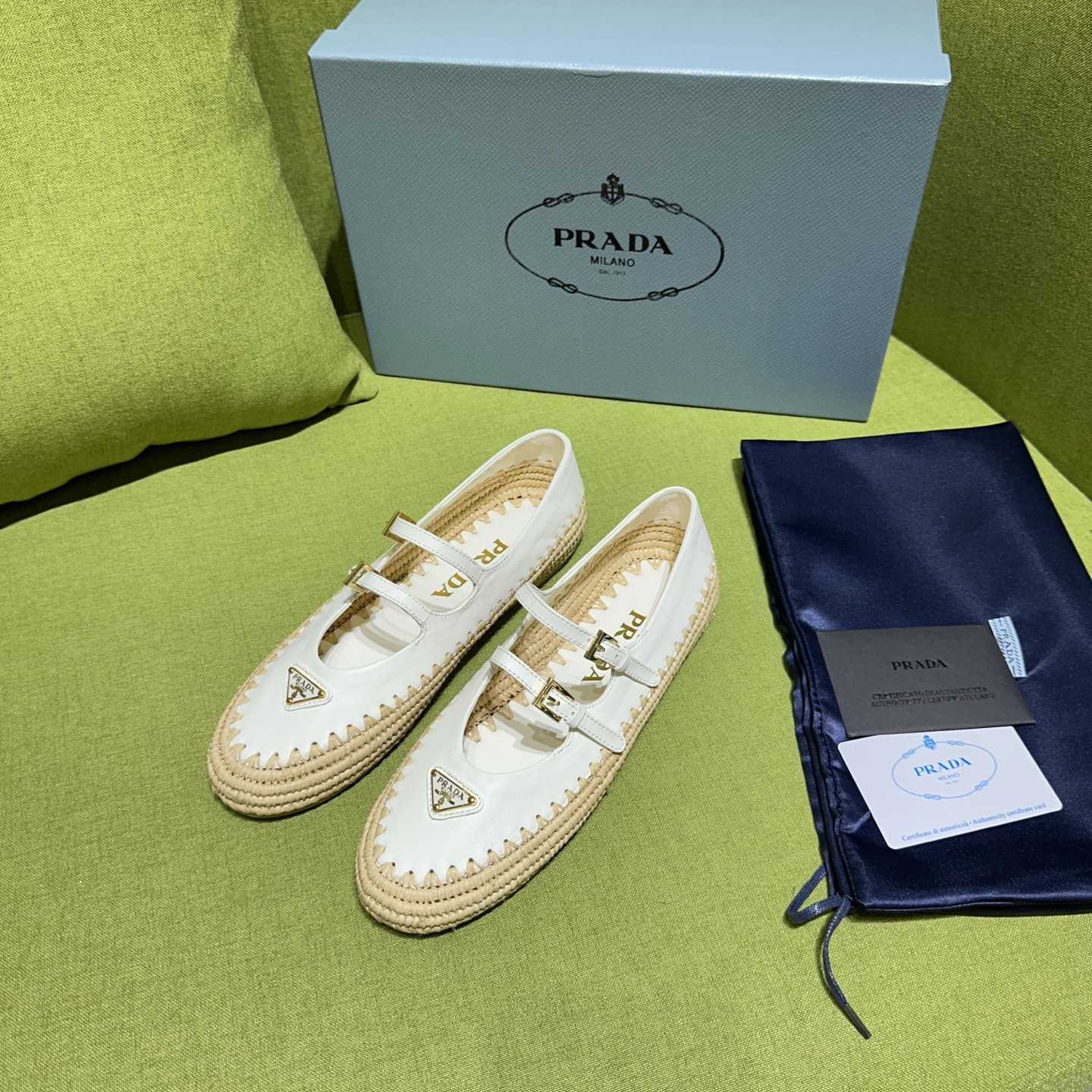 Prada Nappa Leather And Raffia Ballerinas - DesignerGu