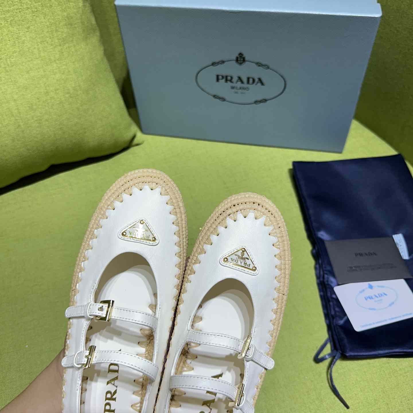 Prada Nappa Leather And Raffia Ballerinas - DesignerGu