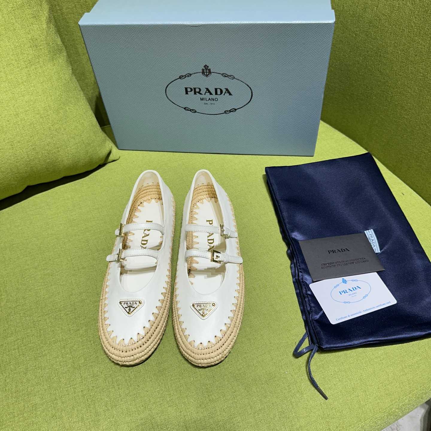 Prada Nappa Leather And Raffia Ballerinas - DesignerGu