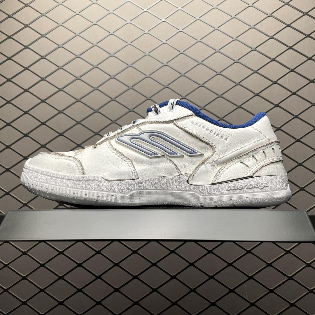 Balenciaga Hamptons Worn-Out Sneaker In White, Dark Blue And Grey Cowskin And Polyester - DesignerGu