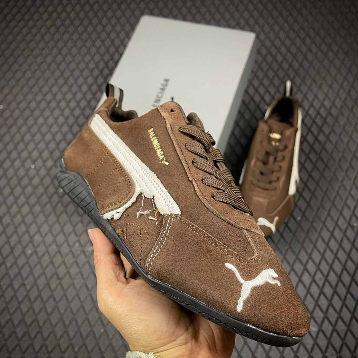 Balenciaga Speedcat Suede Balenciaga In Brown, White And Black Distressed Suede Cowskin - DesignerGu