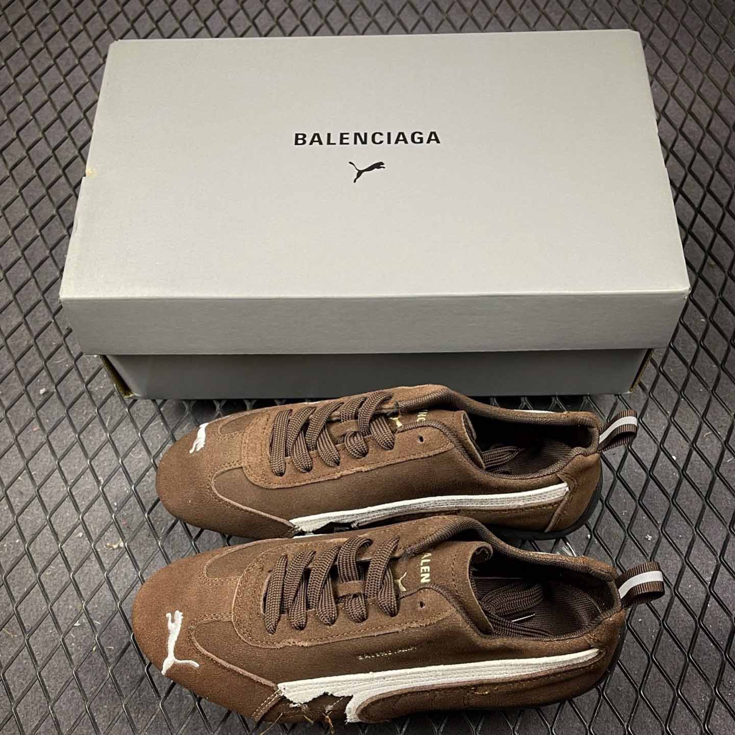 Balenciaga Speedcat Suede Balenciaga In Brown, White And Black Distressed Suede Cowskin - DesignerGu