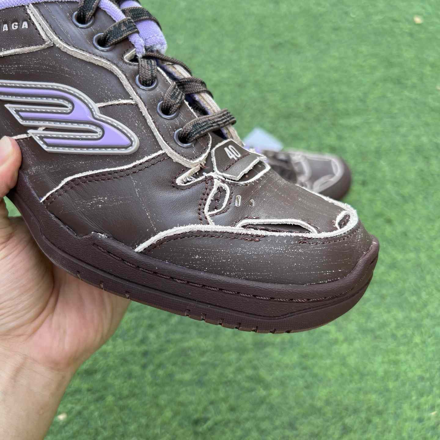 Balenciaga Hamptons Medium Worn-Out Sneaker In Brown And Lilac Cowskin And Polyester - DesignerGu