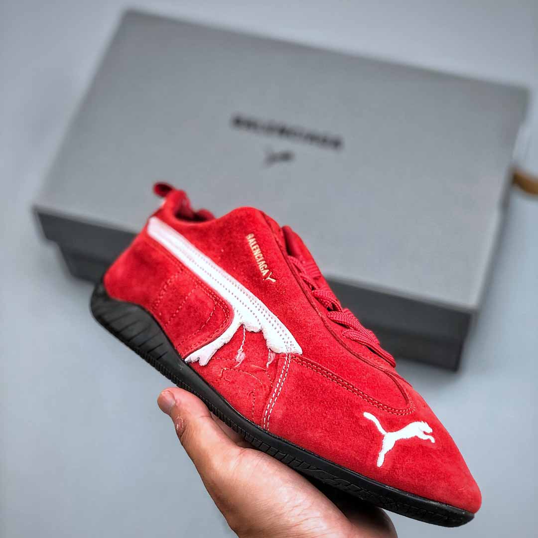 Balenciaga Speedcat Suede Balenciaga In Red, White And Black Distressed Suede Cowskin - DesignerGu