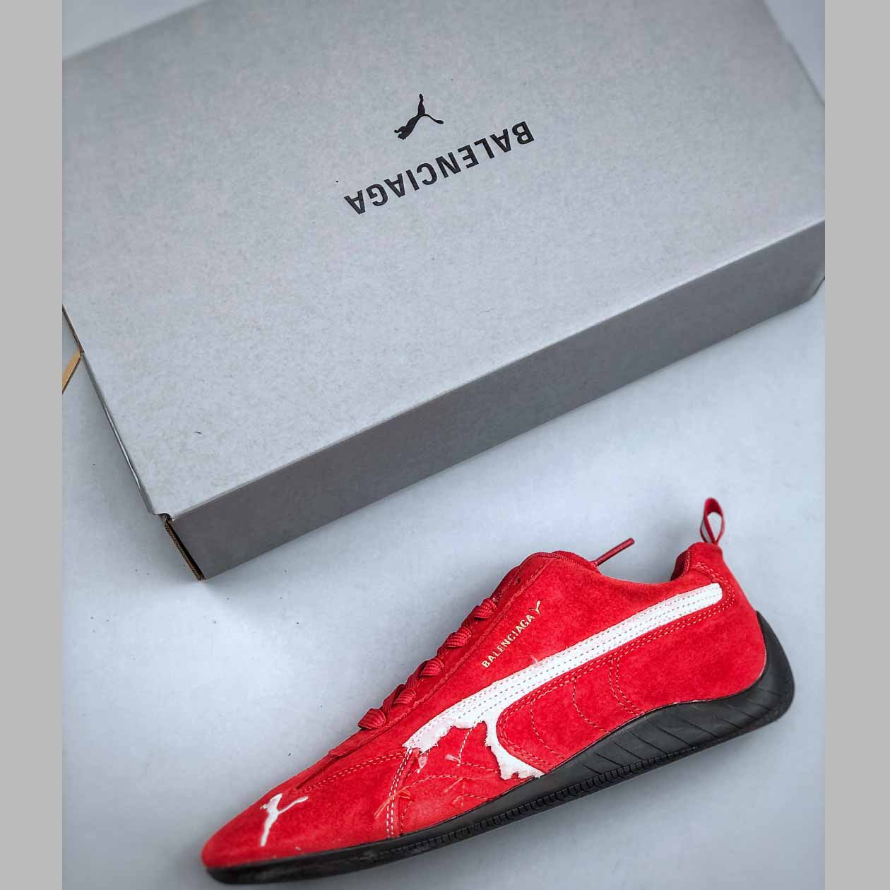 Balenciaga Speedcat Suede Balenciaga In Red, White And Black Distressed Suede Cowskin - DesignerGu