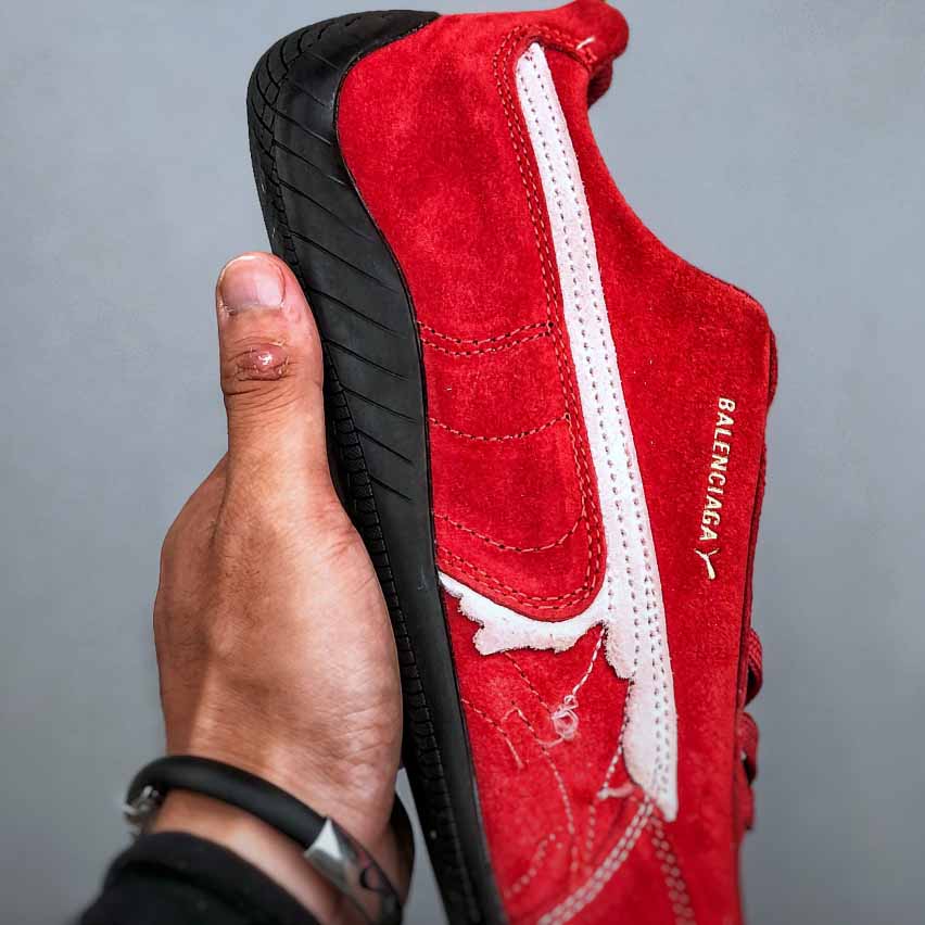 Balenciaga Speedcat Suede Balenciaga In Red, White And Black Distressed Suede Cowskin - DesignerGu
