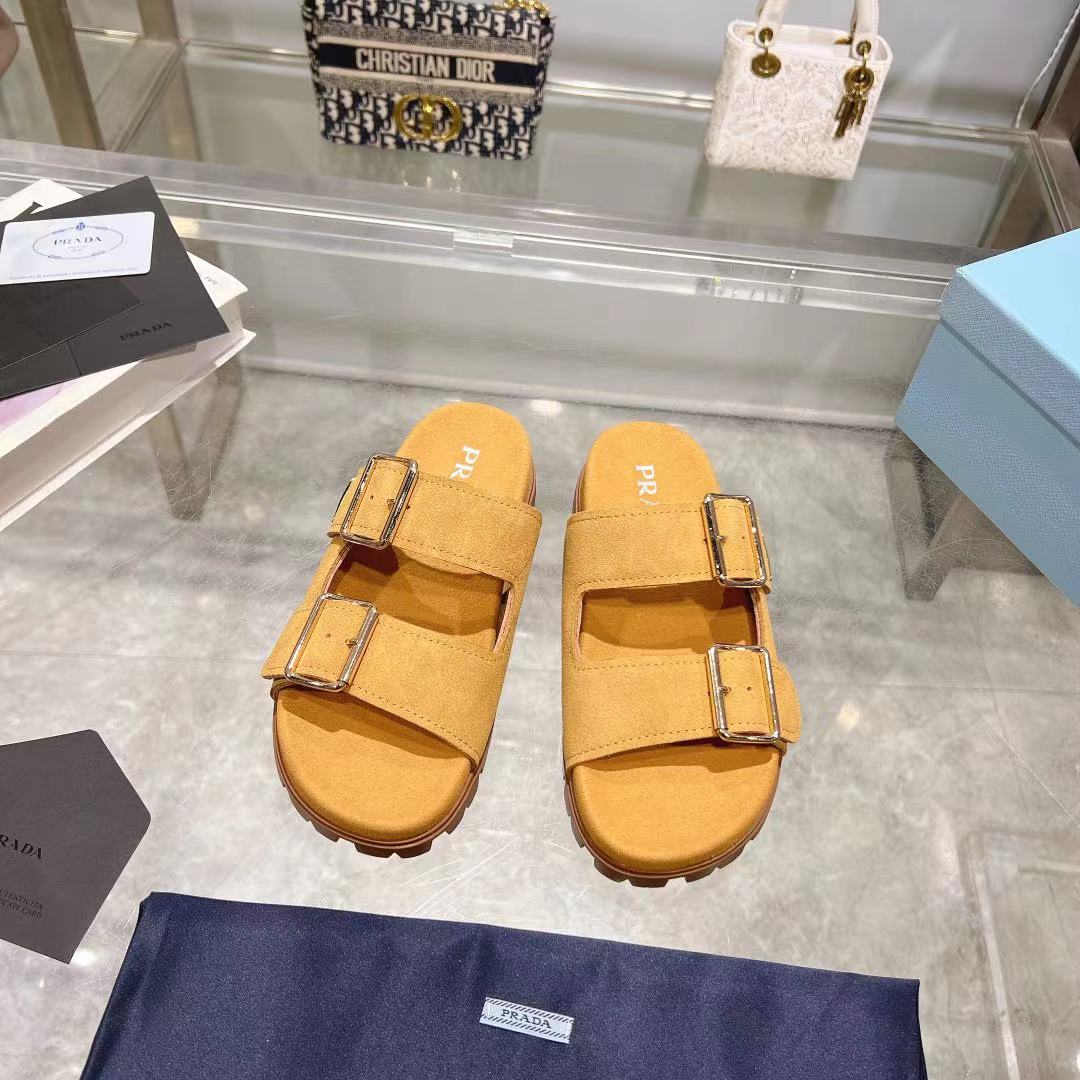 Prada Ecru Suede Strap Slides  - DesignerGu