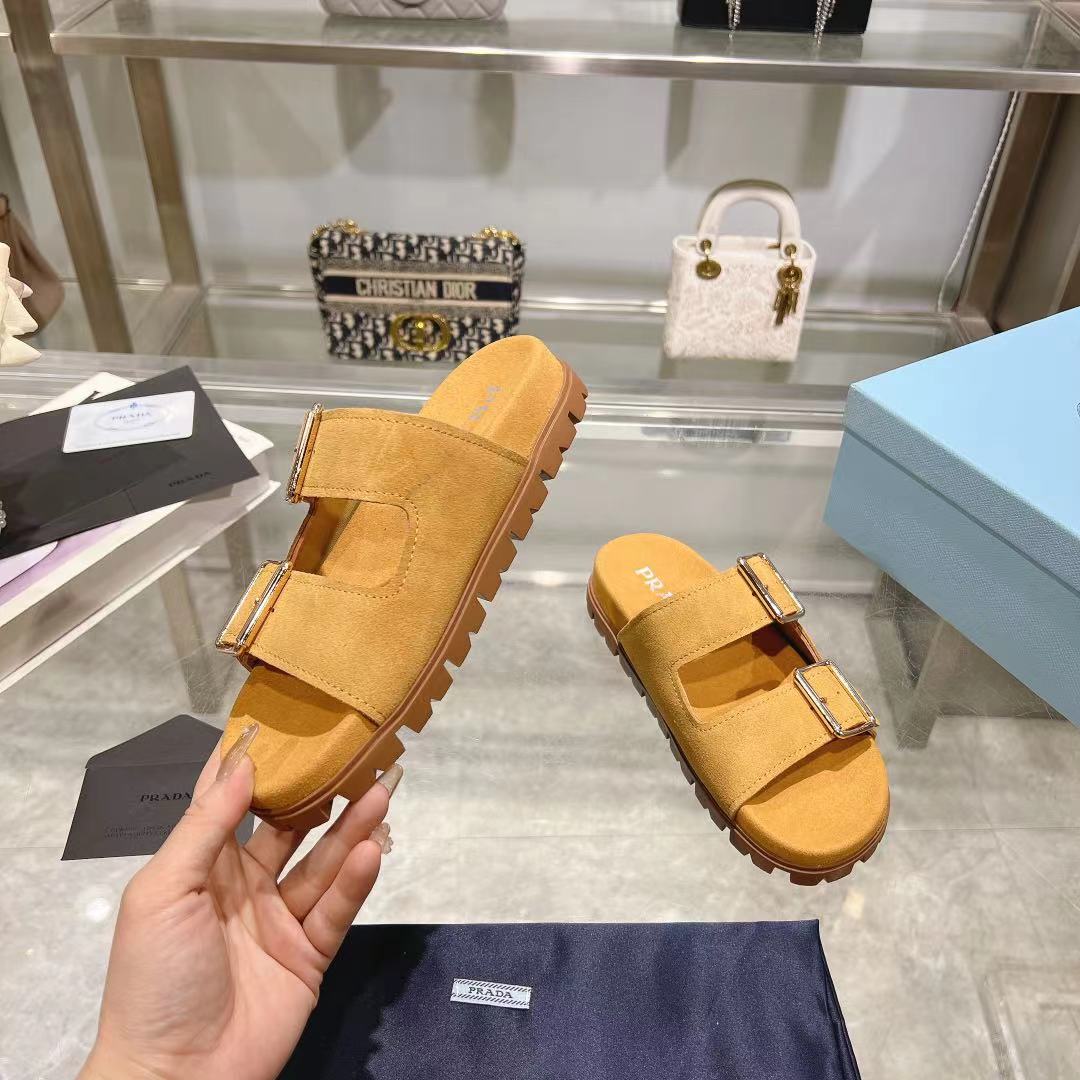 Prada Ecru Suede Strap Slides  - DesignerGu