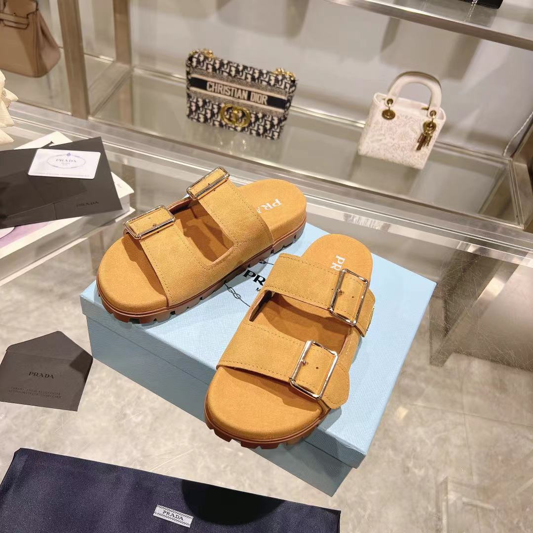Prada Ecru Suede Strap Slides  - DesignerGu