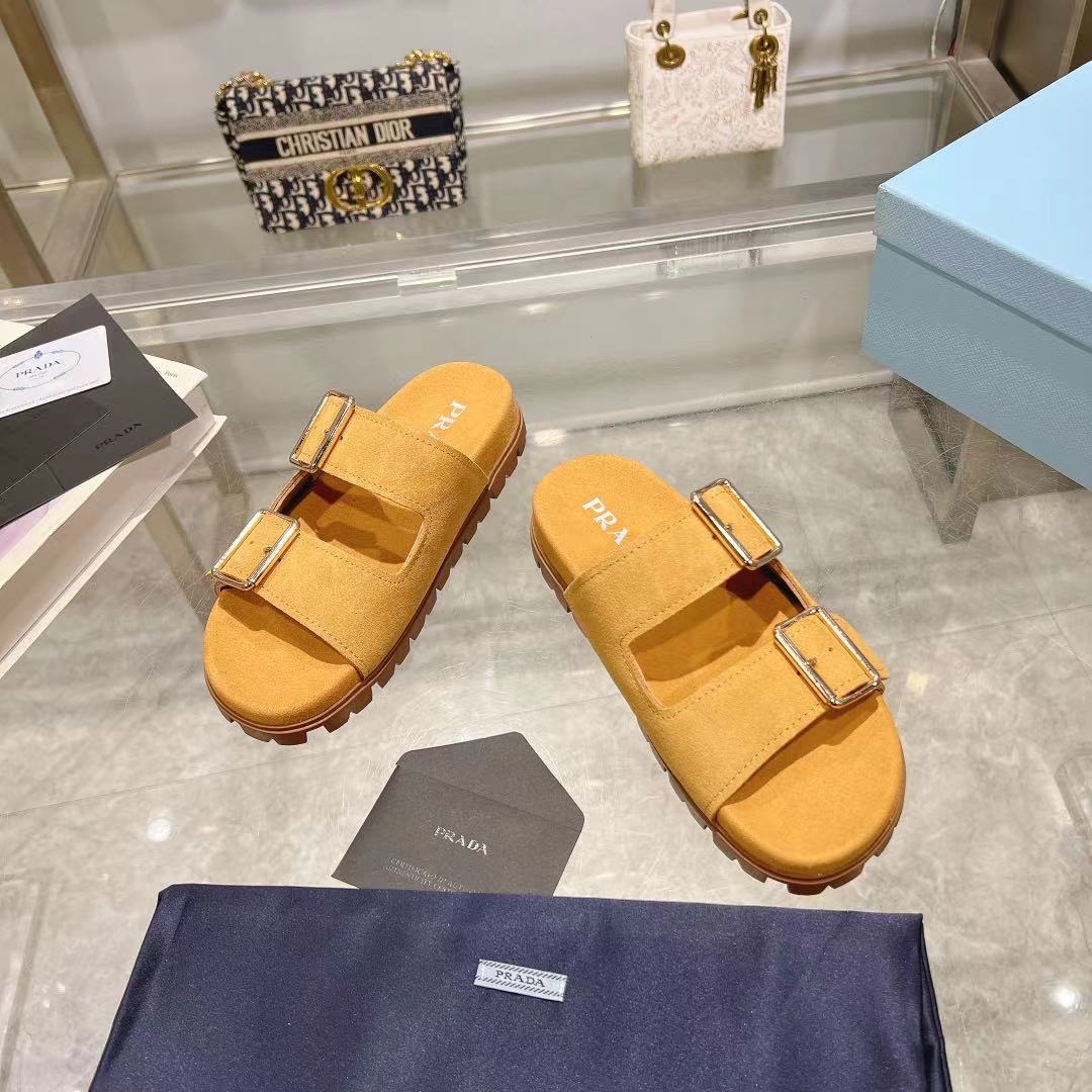 Prada Ecru Suede Strap Slides  - DesignerGu