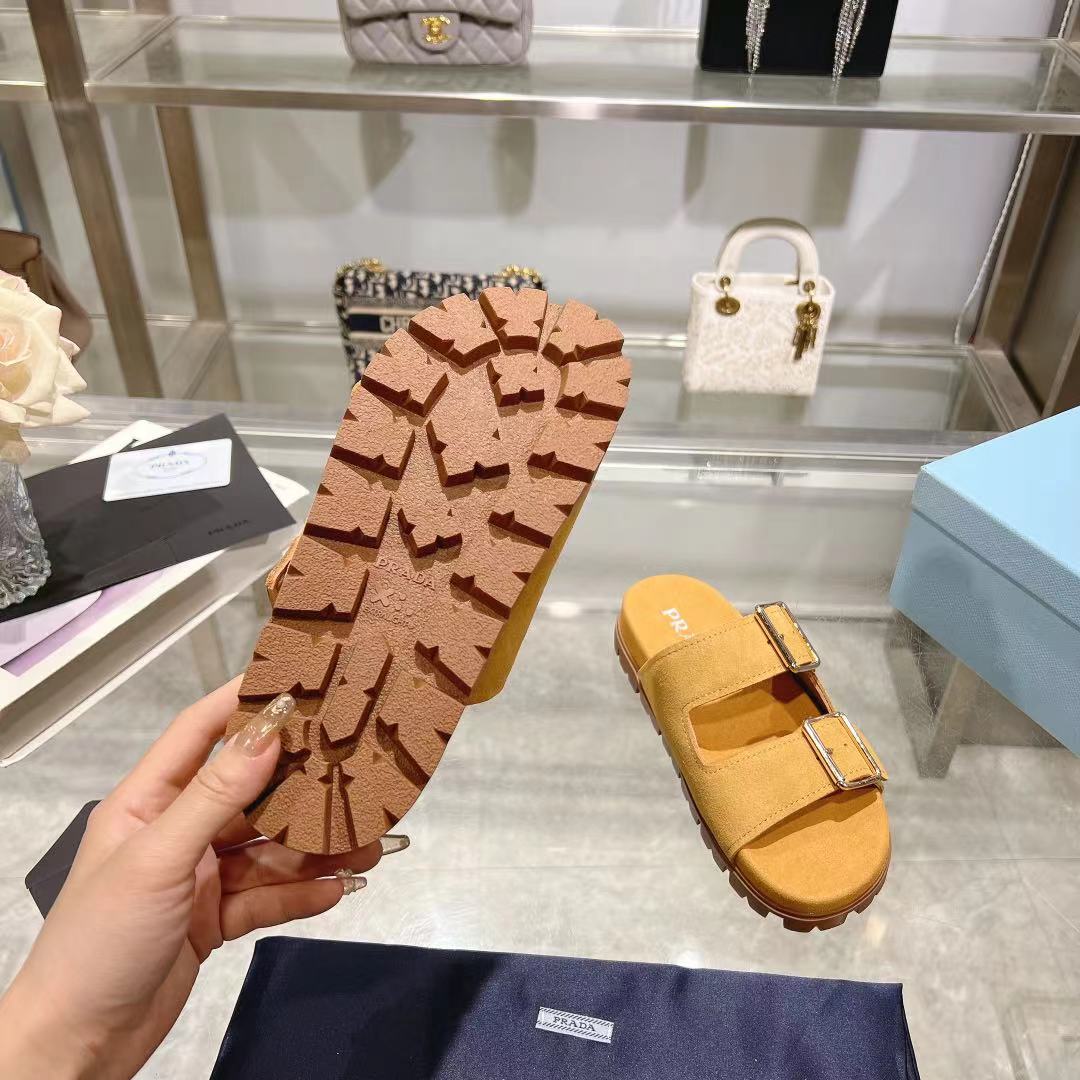 Prada Ecru Suede Strap Slides  - DesignerGu