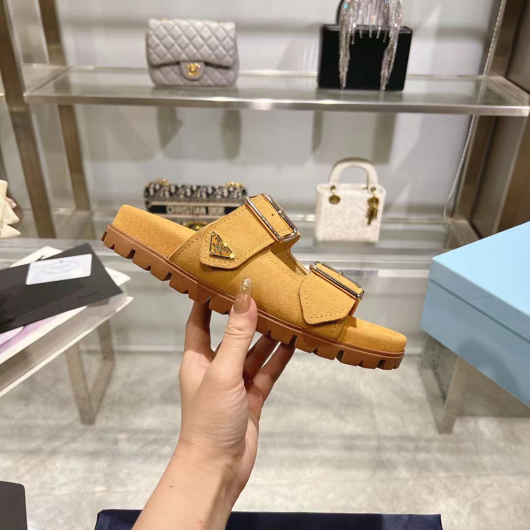Prada Ecru Suede Strap Slides  - DesignerGu