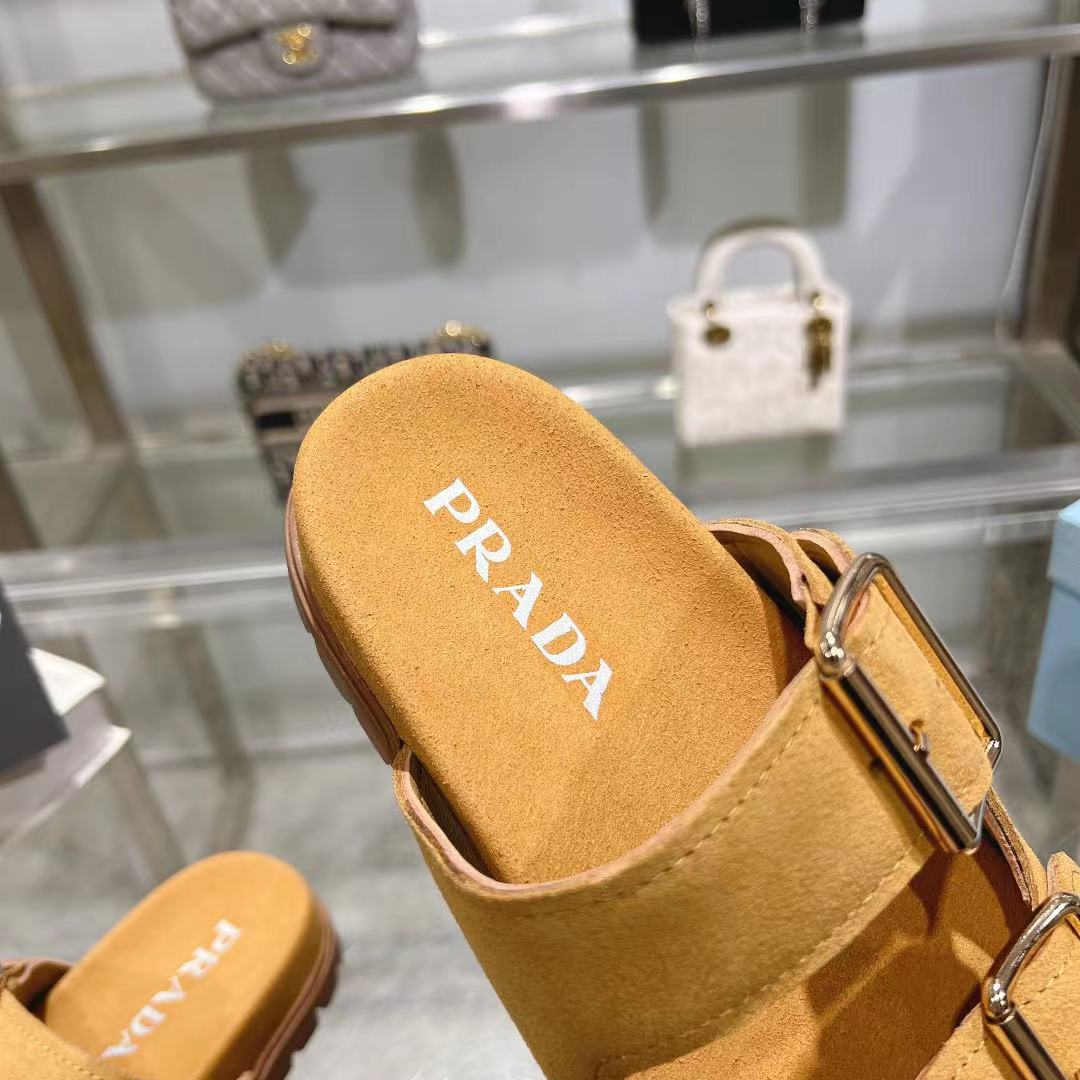 Prada Ecru Suede Strap Slides  - DesignerGu