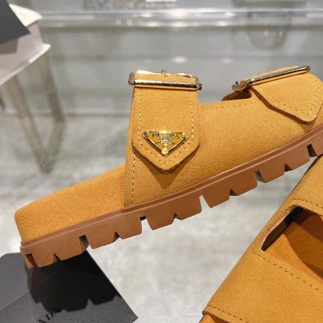 Prada Ecru Suede Strap Slides  - DesignerGu