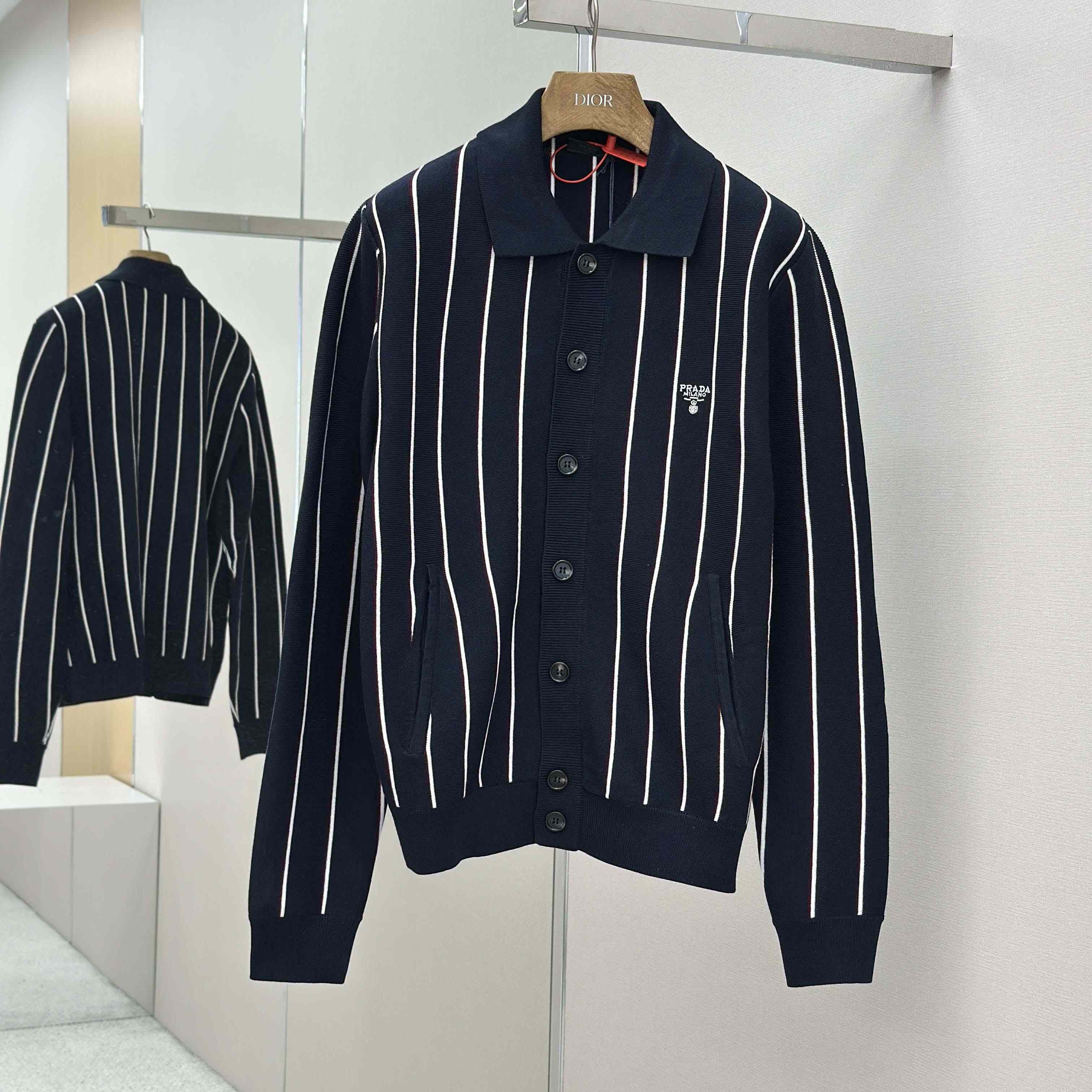 Prada Navy Striped Wool Cardigan - DesignerGu