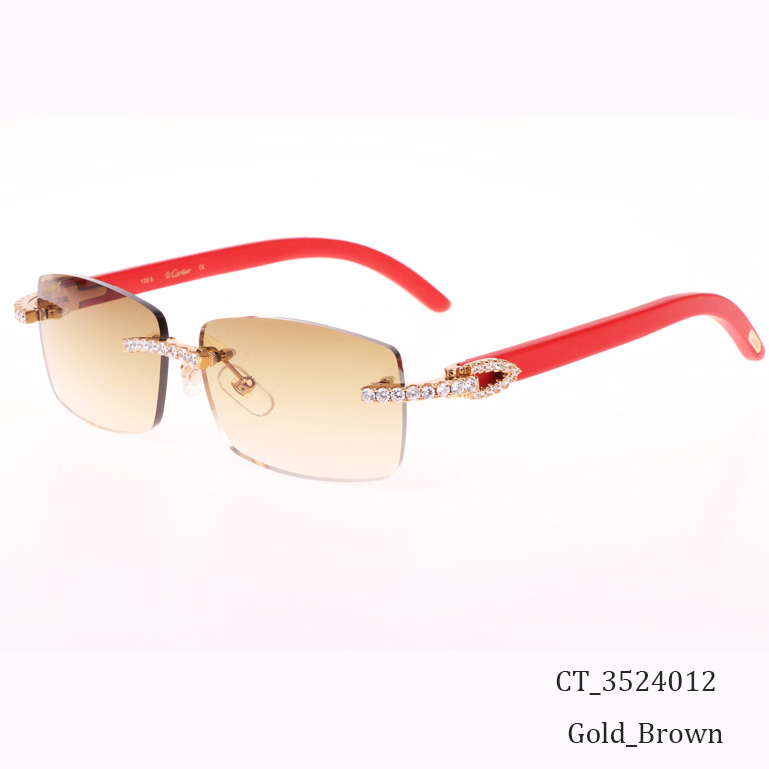 Cartier CT 3524012 Big Diamond Red Wood Sunglasses In Gold Brown - DesignerGu