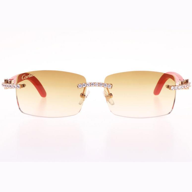 Cartier CT 3524012 Big Diamond Red Wood Sunglasses In Gold Brown - DesignerGu