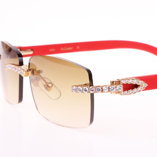 Cartier CT 3524012 Big Diamond Red Wood Sunglasses In Gold Brown - DesignerGu