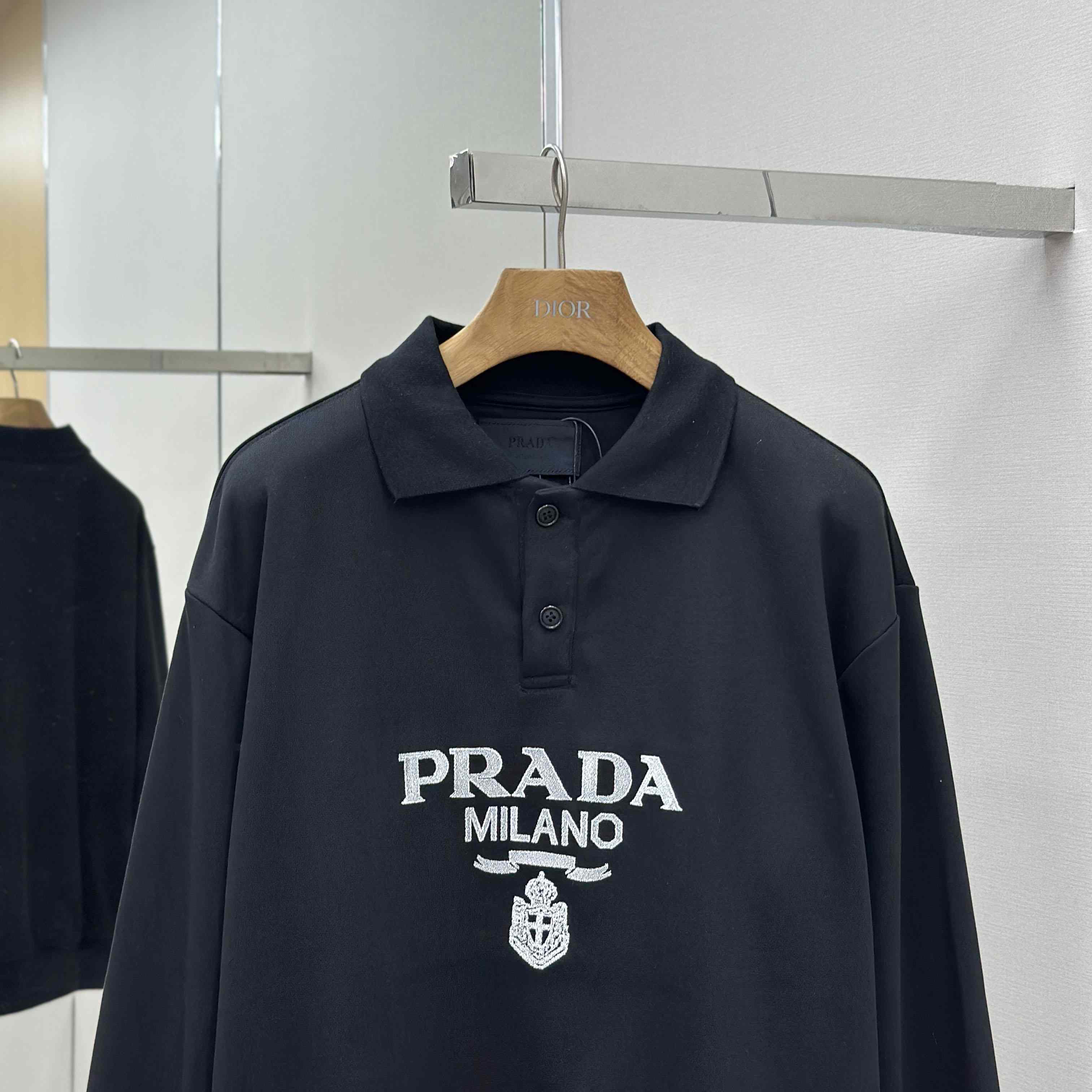 Prada Marble Black Long-sleeved Cotton Polo Shirt - DesignerGu