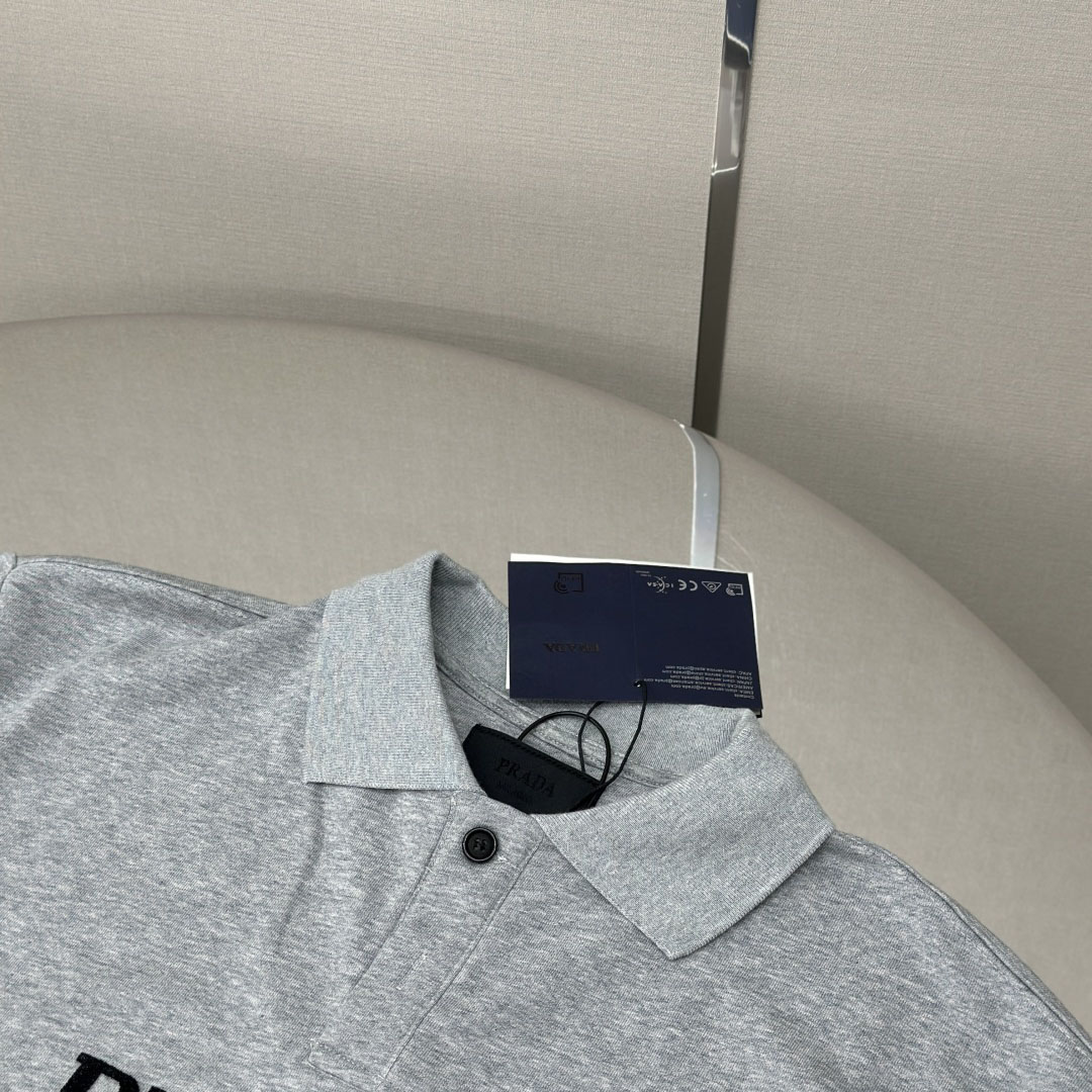 Prada Marble Gray Long-sleeved Cotton Polo Shirt - DesignerGu