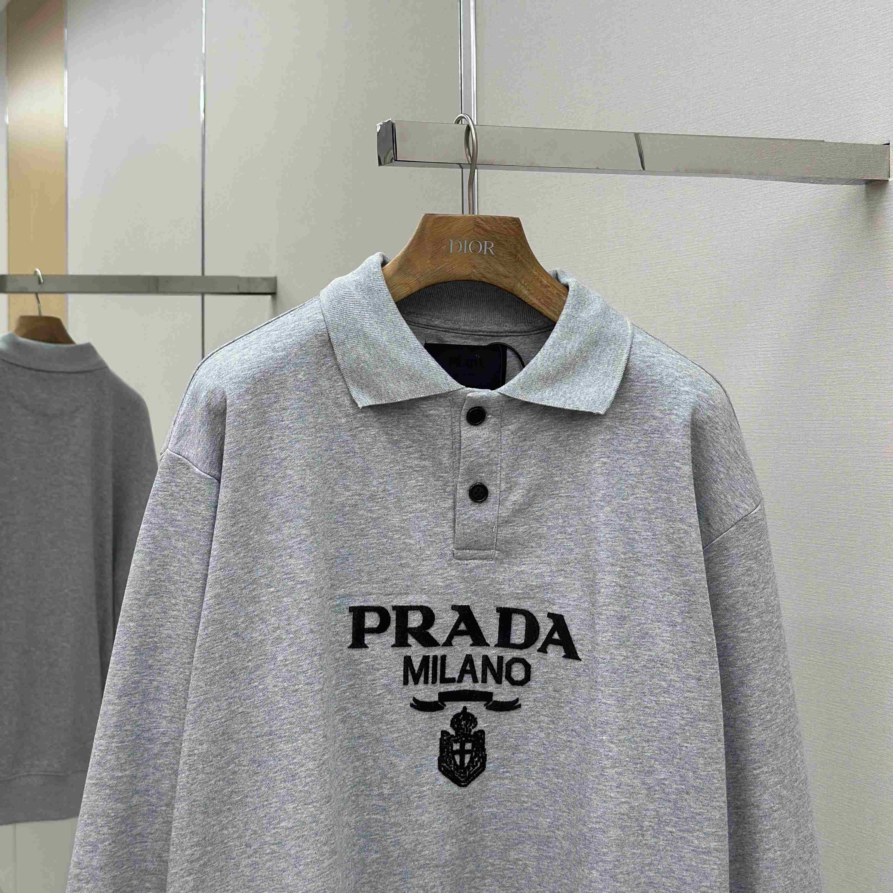 Prada Marble Gray Long-sleeved Cotton Polo Shirt - DesignerGu