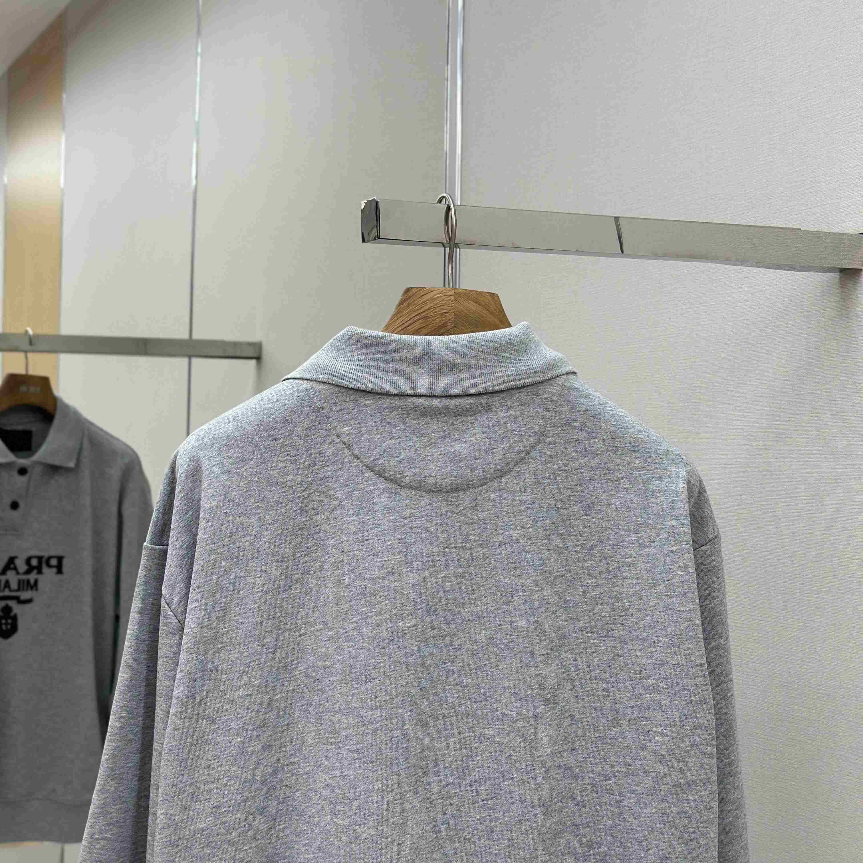 Prada Marble Gray Long-sleeved Cotton Polo Shirt - DesignerGu