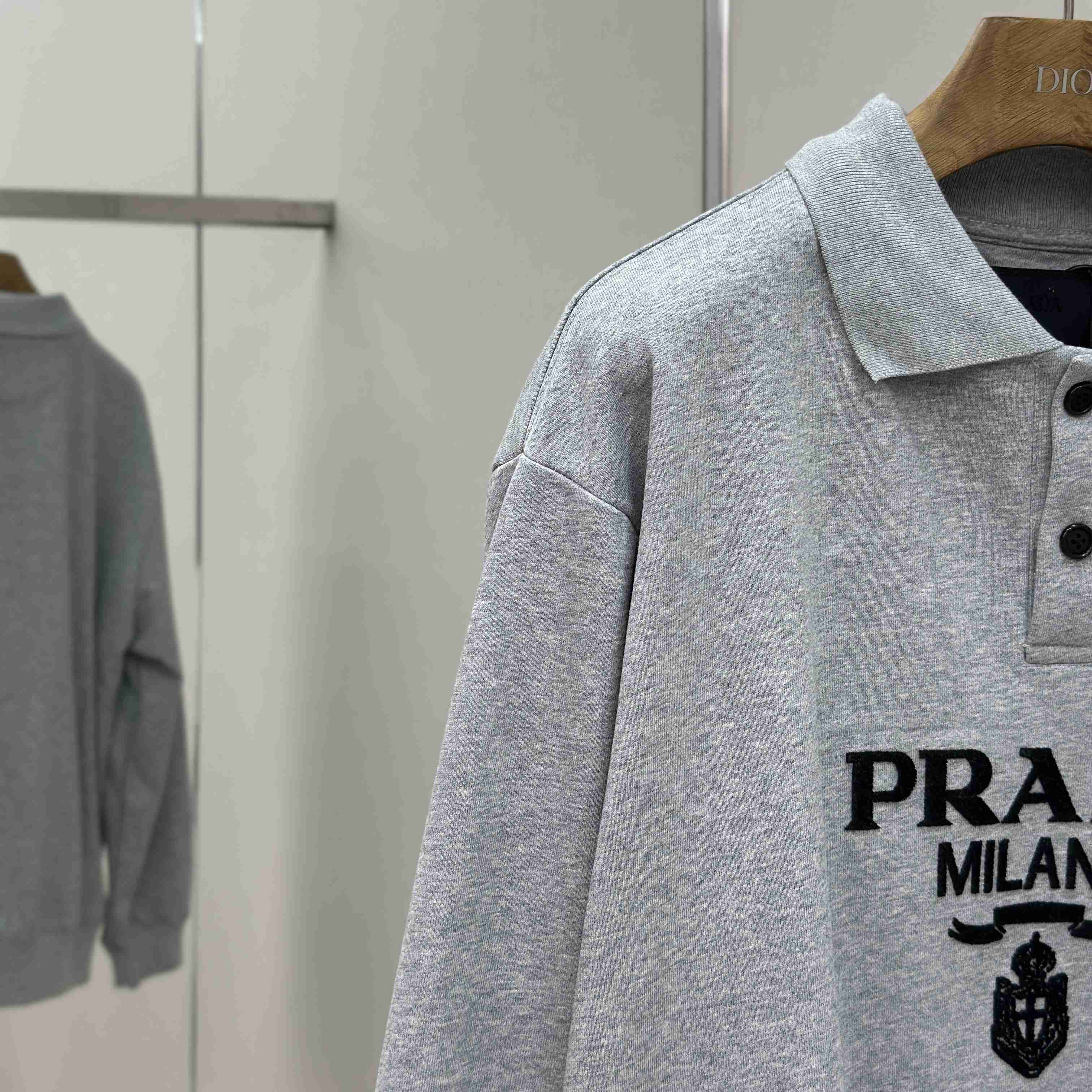 Prada Marble Gray Long-sleeved Cotton Polo Shirt - DesignerGu