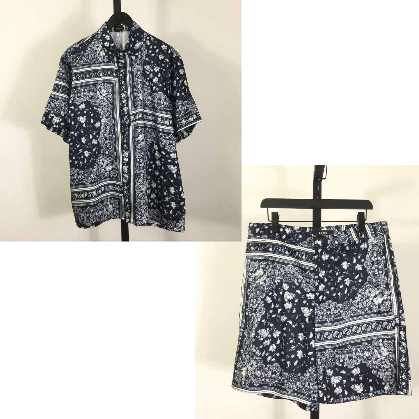 Fendi White And Blue Silk Shirt & Shorts - DesignerGu