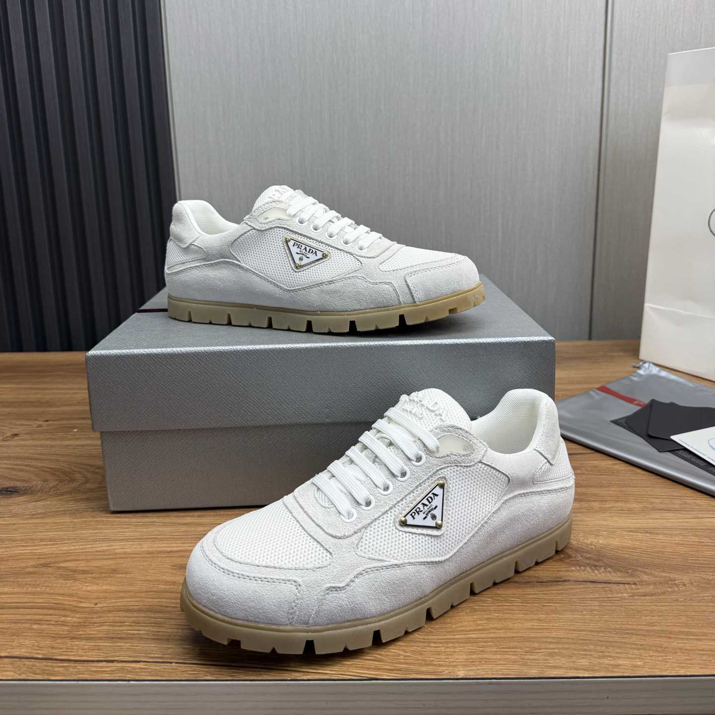 Prada Trail Mesh Fabric And Suede Sneakers - DesignerGu