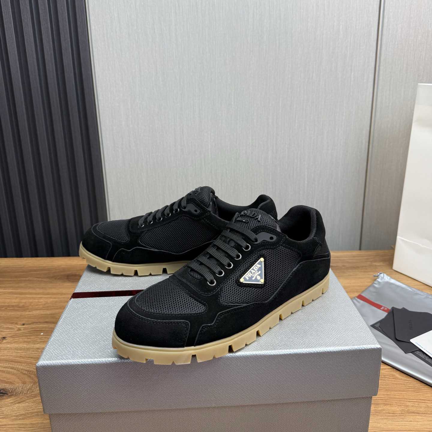 Prada Trail Mesh Fabric And Suede Sneakers - DesignerGu