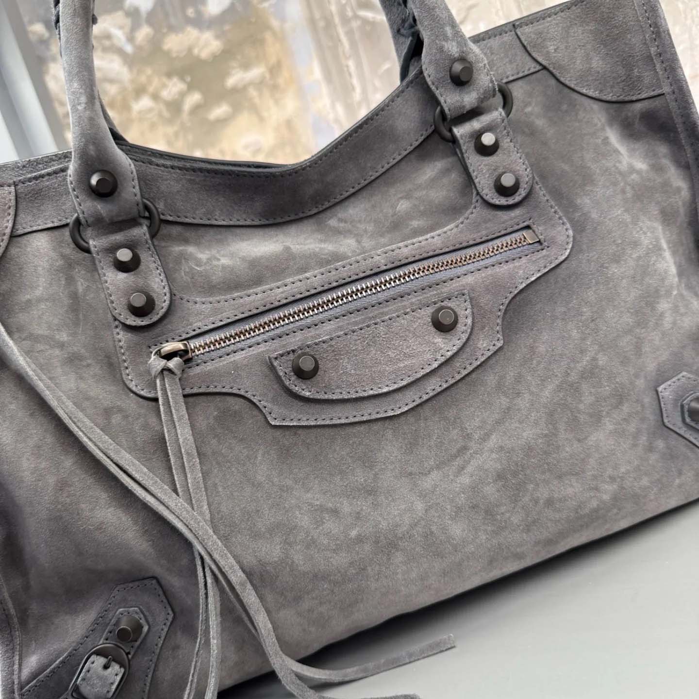 Balenciaga Le City Bag Medium in storm grey suede calfskin, brass hardware - DesignerGu