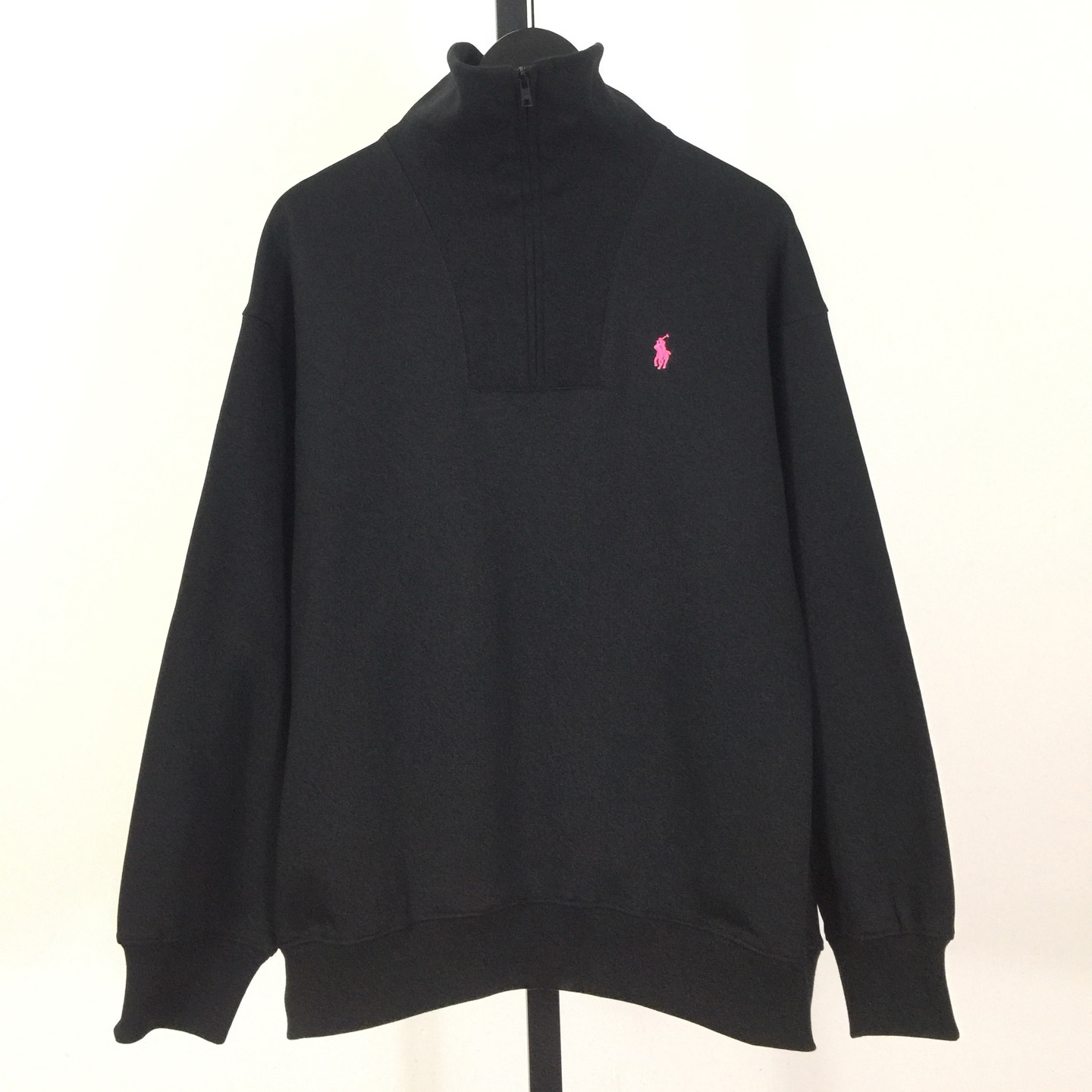 Polo Ralph Lauren black cotton-blend fleece quarter-zip sweater with a pink embroidered Pony logo - DesignerGu