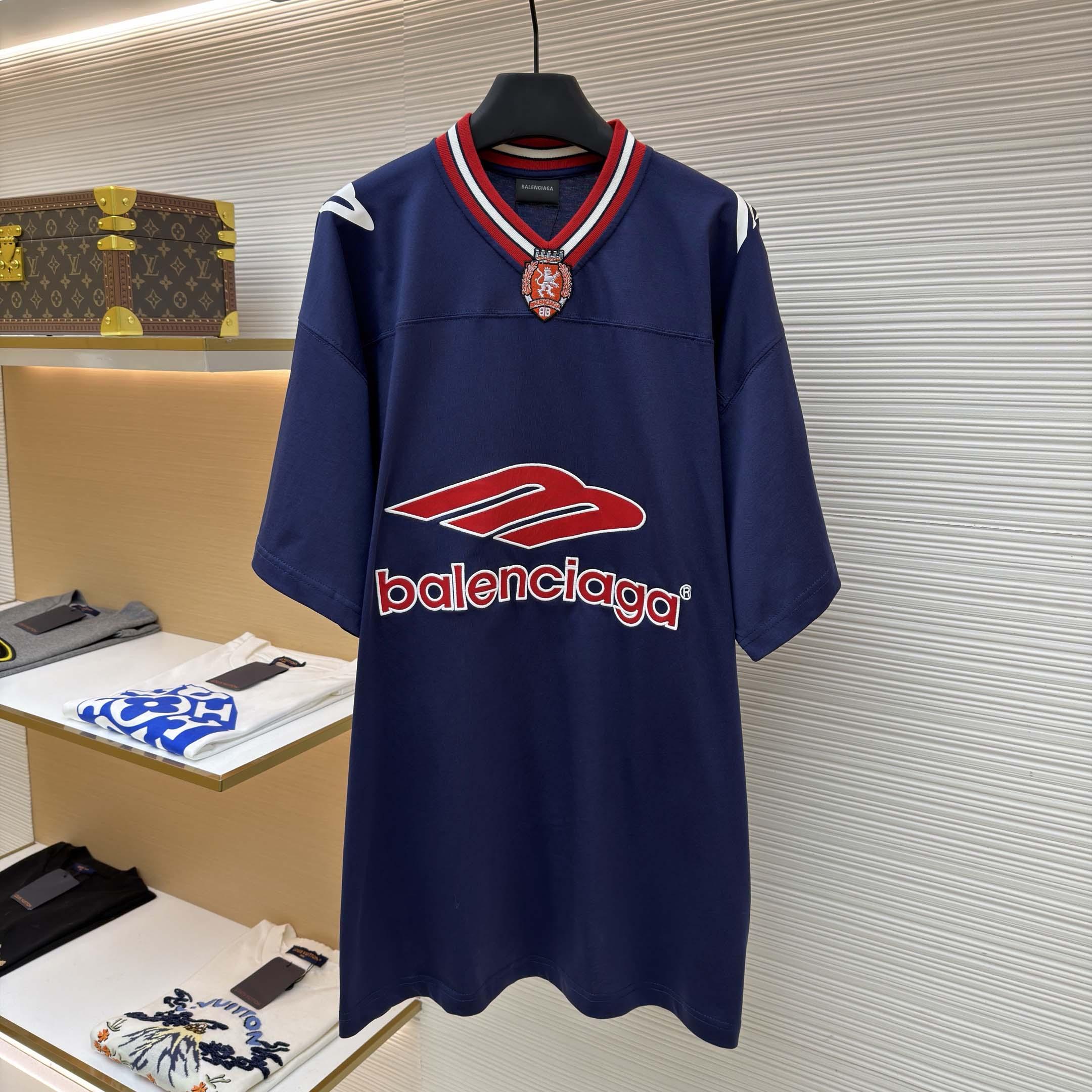 Balenciaga B Football V-Neck T-Shirt Oversized In Dark Navy - DesignerGu