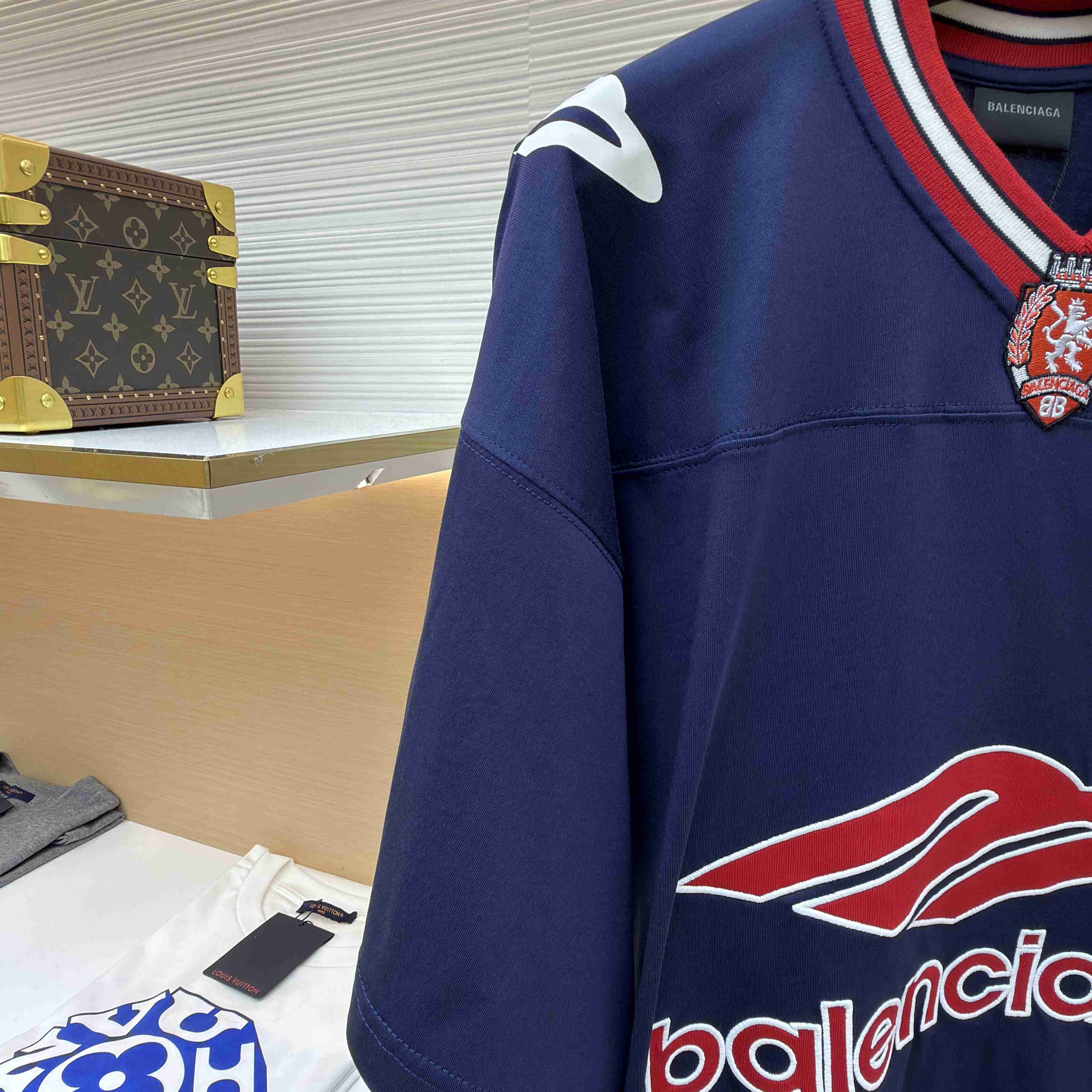 Balenciaga B Football V-Neck T-Shirt Oversized In Dark Navy - DesignerGu